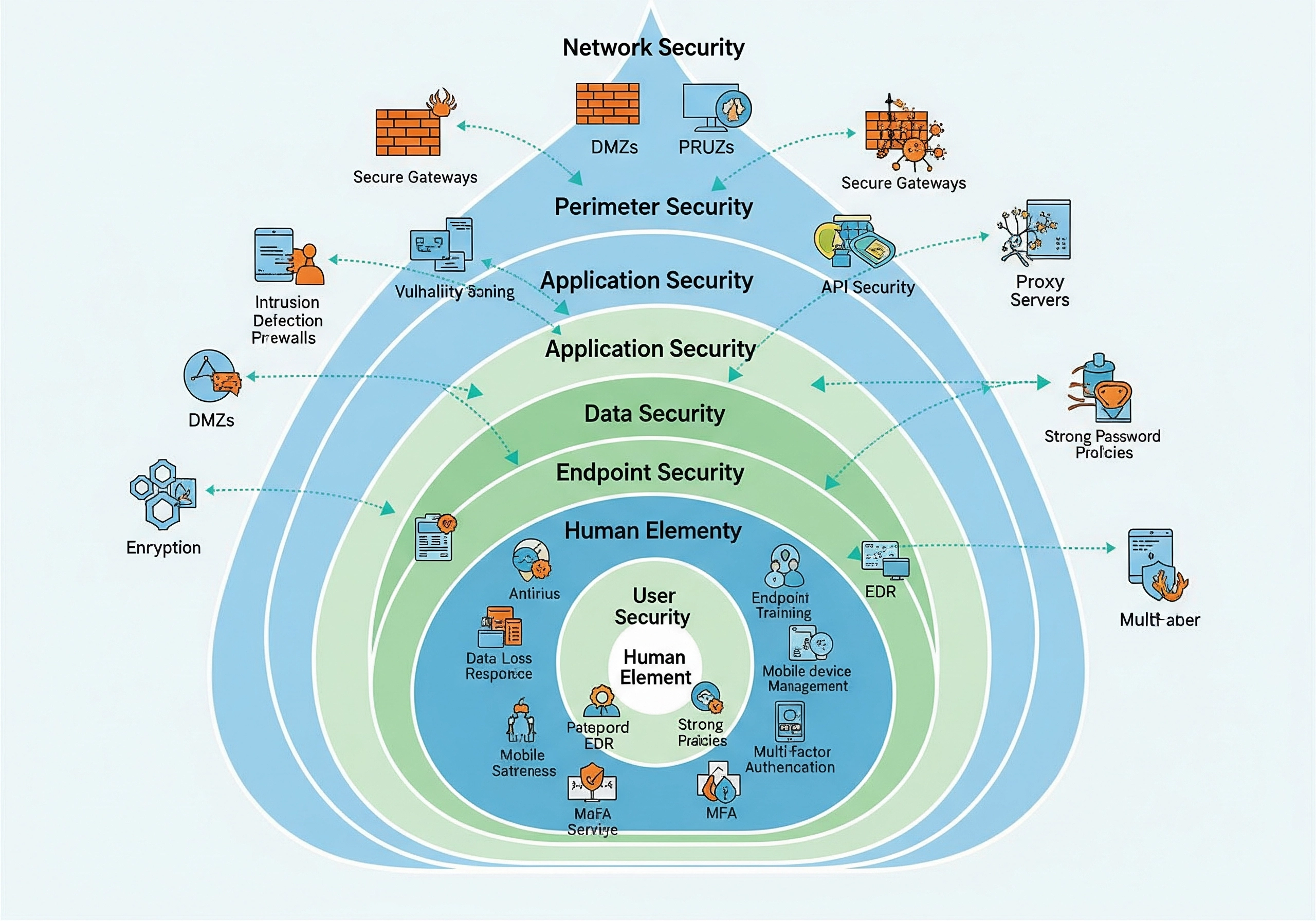 Diagram outlining network, perimeter, application, data, endpoint, and user security, covering elements like intrusion detection, firewalls, encryption, antivirus, and multi-factor authentication, illustrating a comprehensive approach to IT security and IT service management.