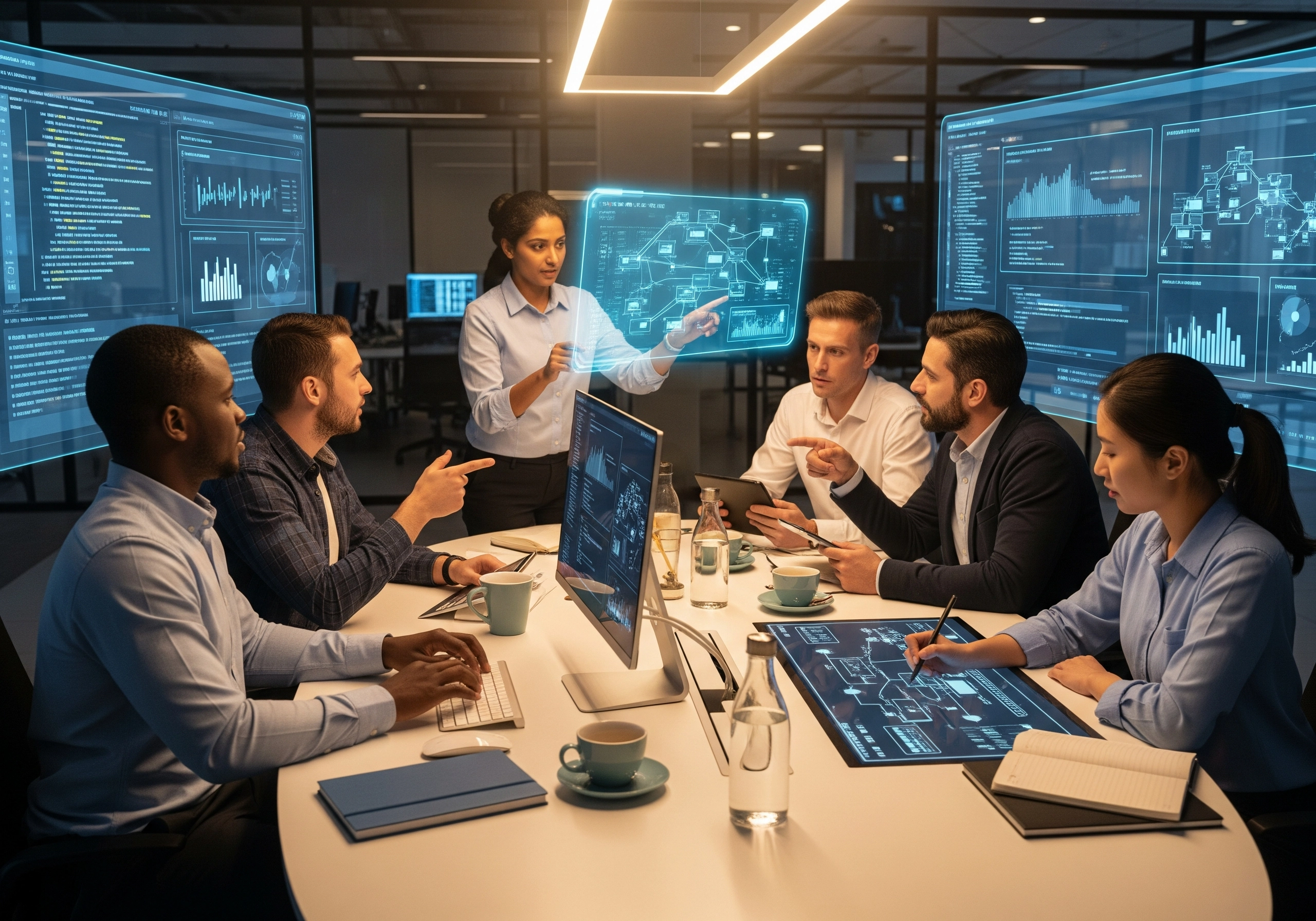 A diverse team collaborating in a modern office, reviewing data and discussing IT strategies, highlighting the importance of IT consulting and effective IT helpdesk support in driving business decisions and innovation.