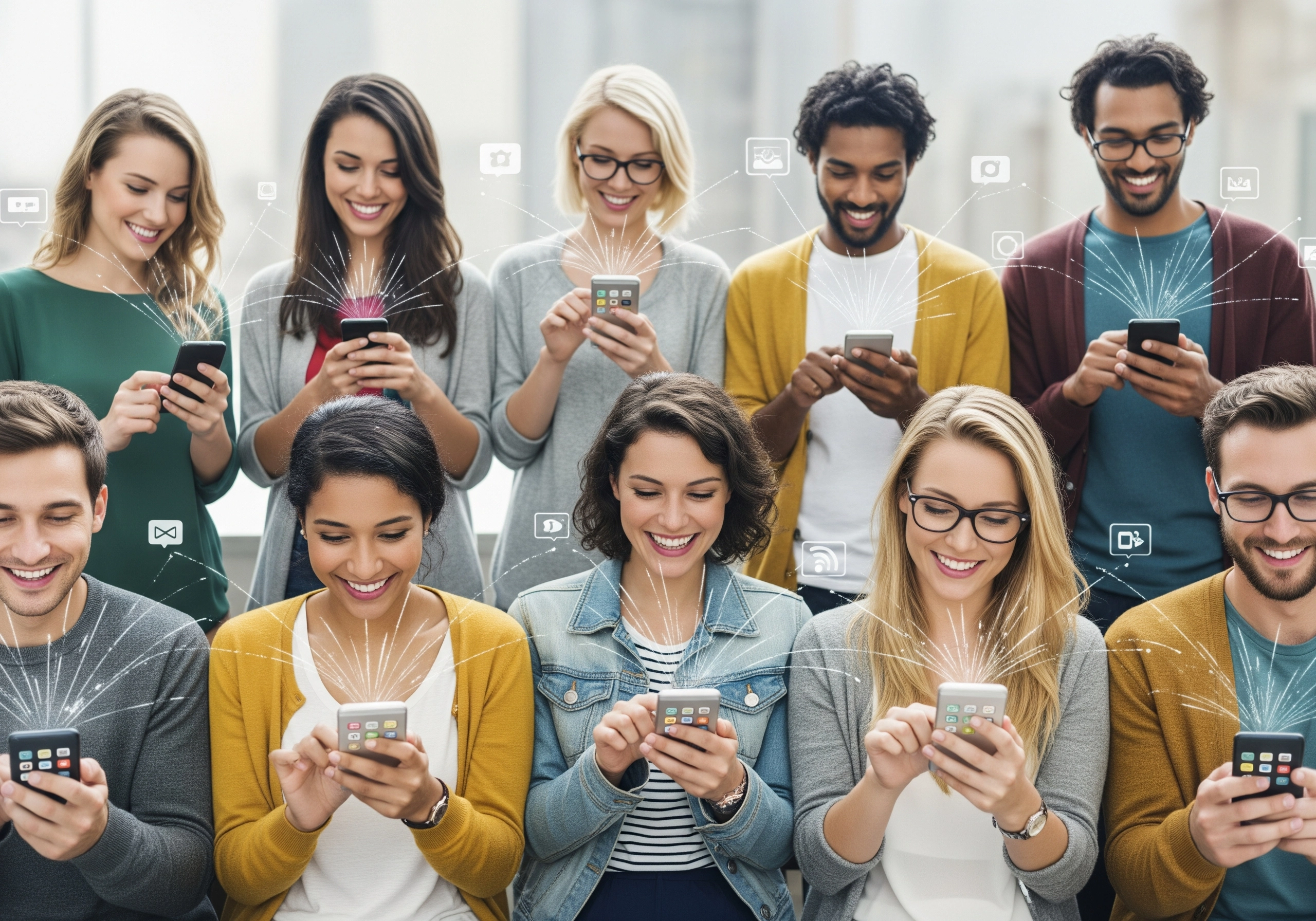 A diverse group of people are shown using their smartphones, illustrating mobile app marketing and app promotion strategies to increase app installs and user engagement, leveraging the latest app marketing trends.