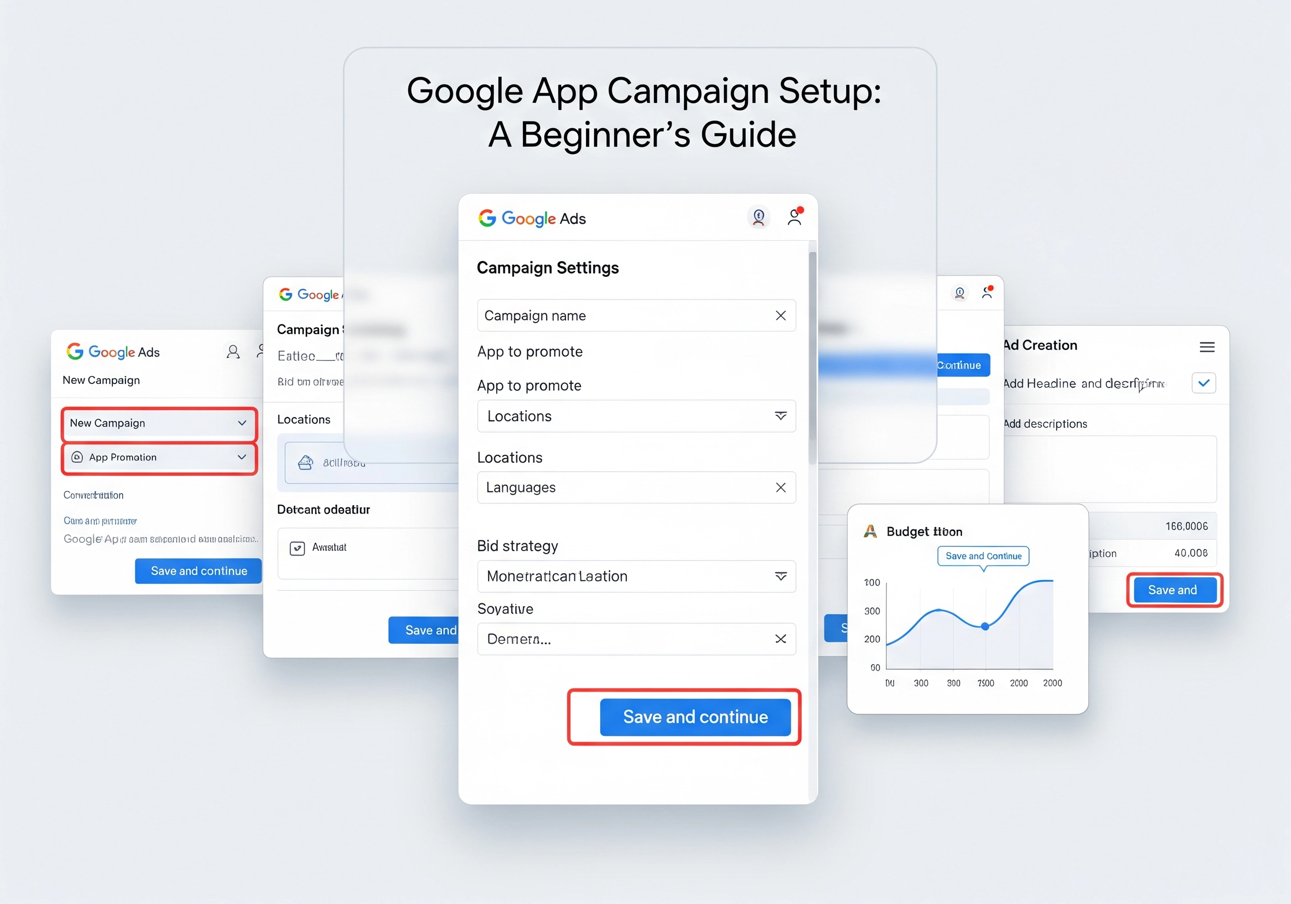 Screenshot of Google Ads interface, guiding users through the Google App Campaign setup process, a beginner's guide to app advertising, campaign optimization, and driving app installs through effective mobile app marketing strategies.