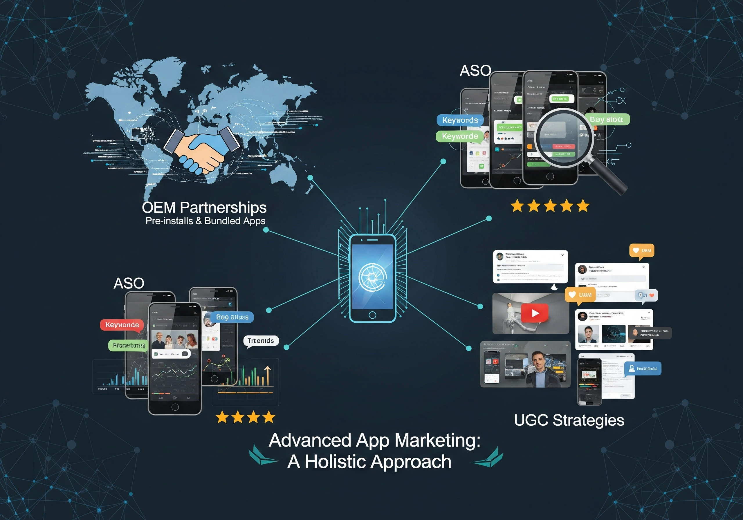 A comprehensive illustration of advanced app marketing strategies, showcasing OEM partnerships, ASO, and UGC strategies to increase app installs and user acquisition through a holistic app promotion approach.