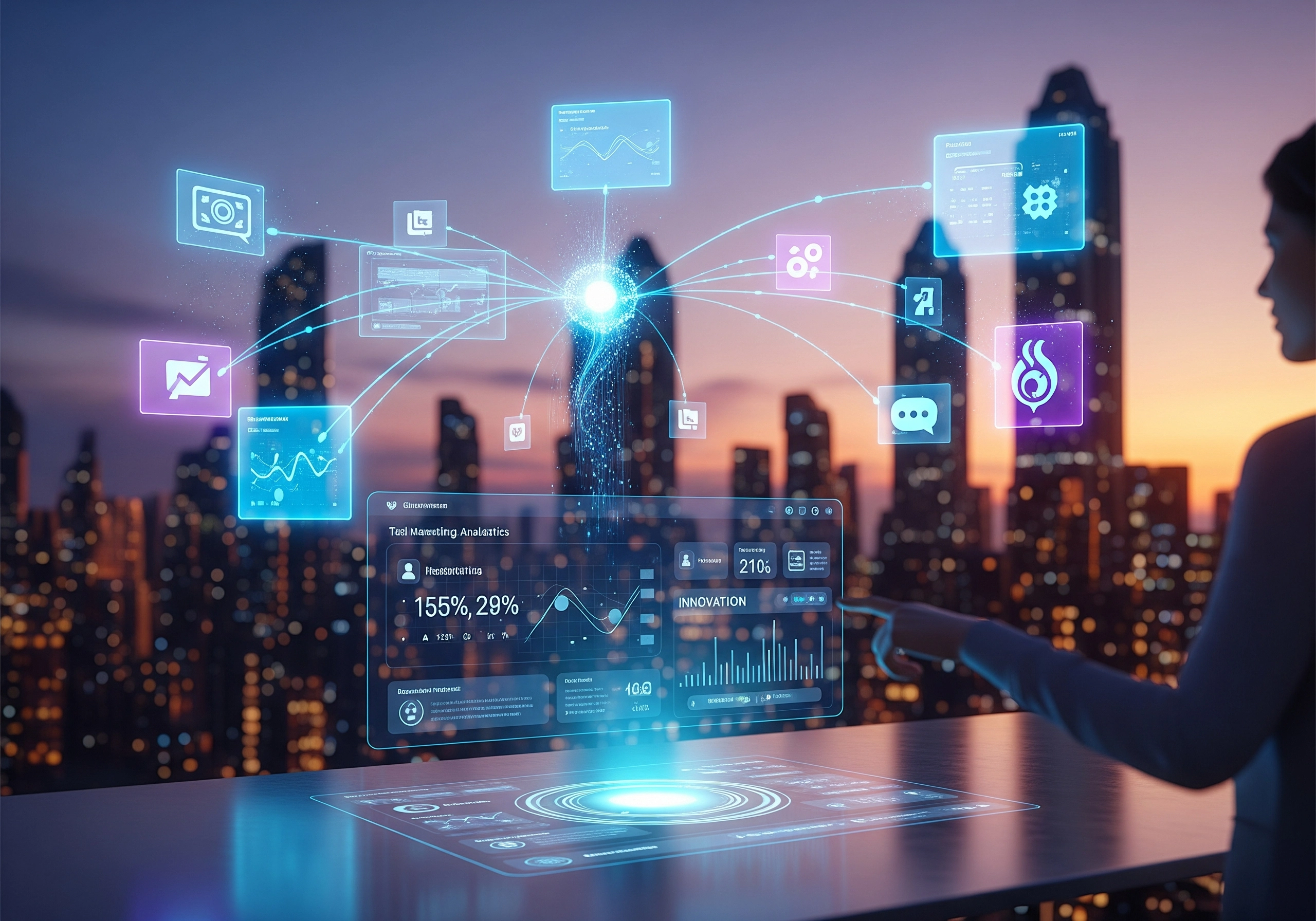 A woman interacting with a holographic display showing tool marketing analytics, representing innovation in mobile app marketing and app advertising, focusing on user acquisition and campaign optimization for increased app downloads.