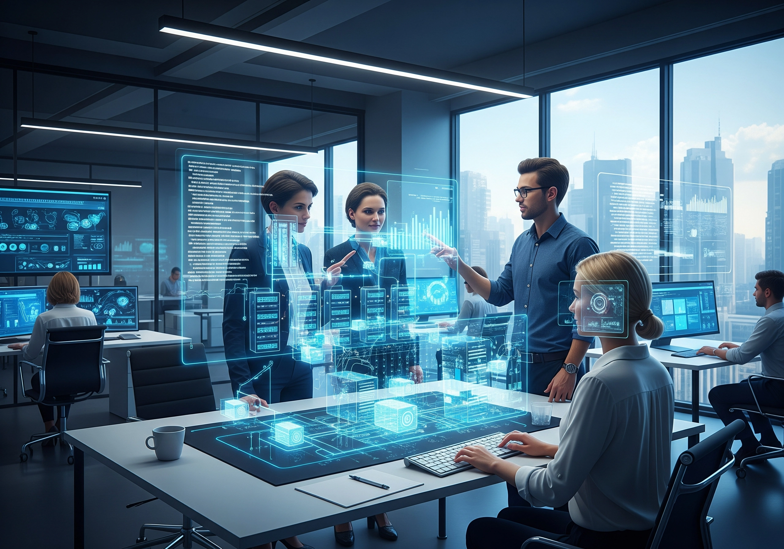 A team of IT consultants collaborating in a modern office, using holographic displays to analyze data and plan IT solutions, representing IT consulting and managed IT services.
