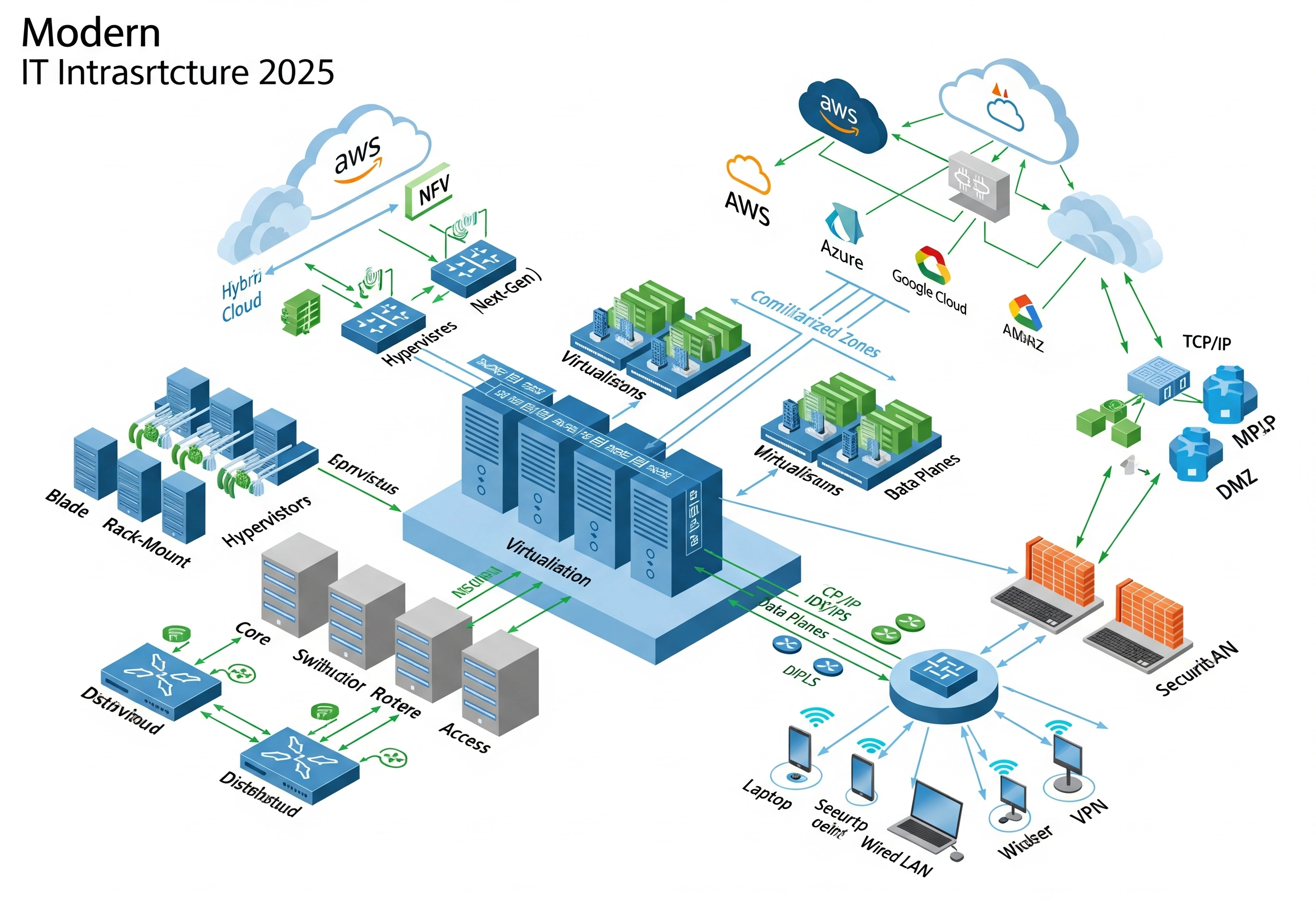 Diagram illustrating modern IT infrastructure in 2025, showcasing the integration of cloud services like AWS, Azure, and Google Cloud, virtualization, and network components for comprehensive IT solutions.