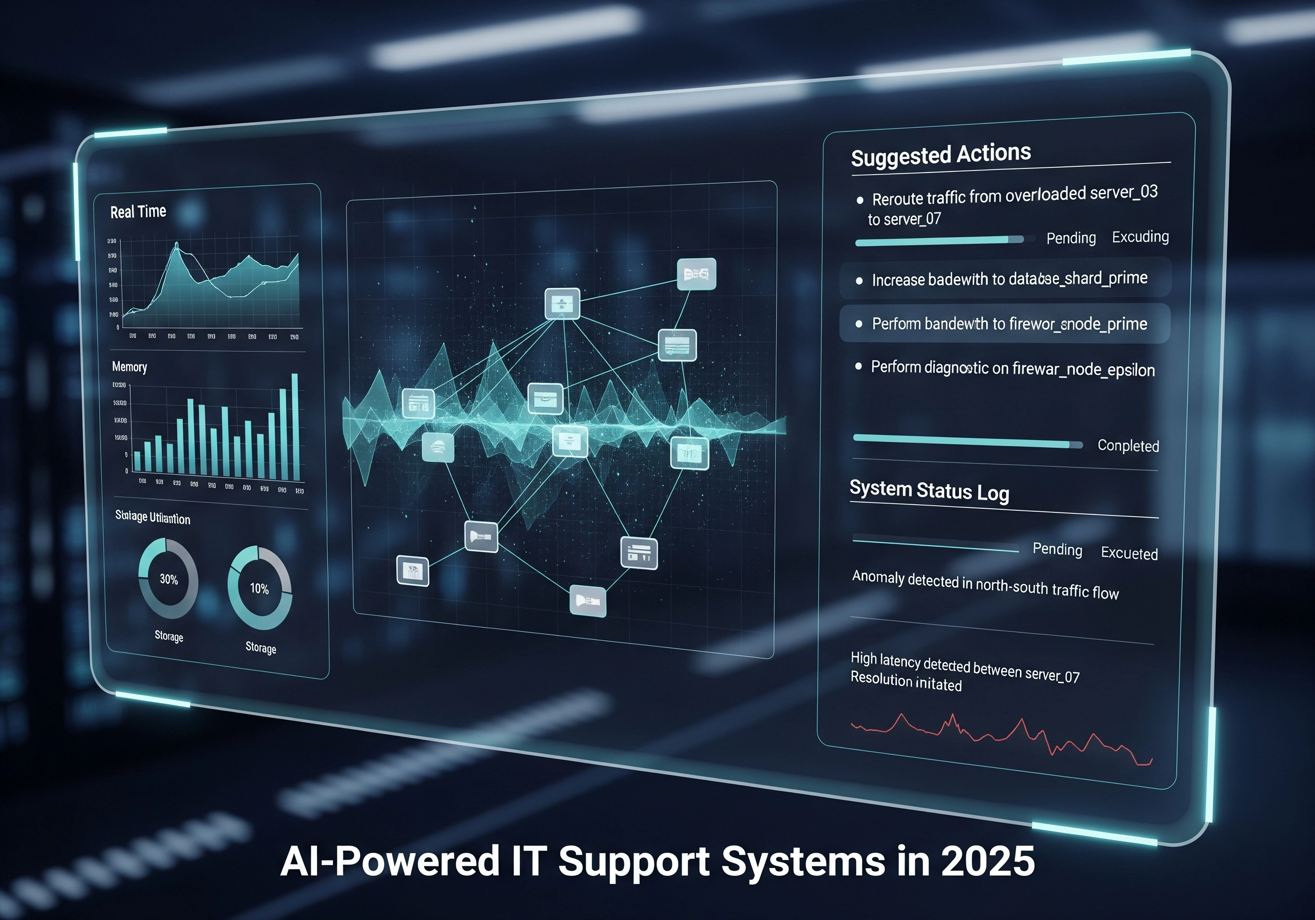 Screenshot of an AI-powered IT support system interface showing real-time system status, suggested actions, and system logs, exemplifying the future of IT support and IT service management in 2025.