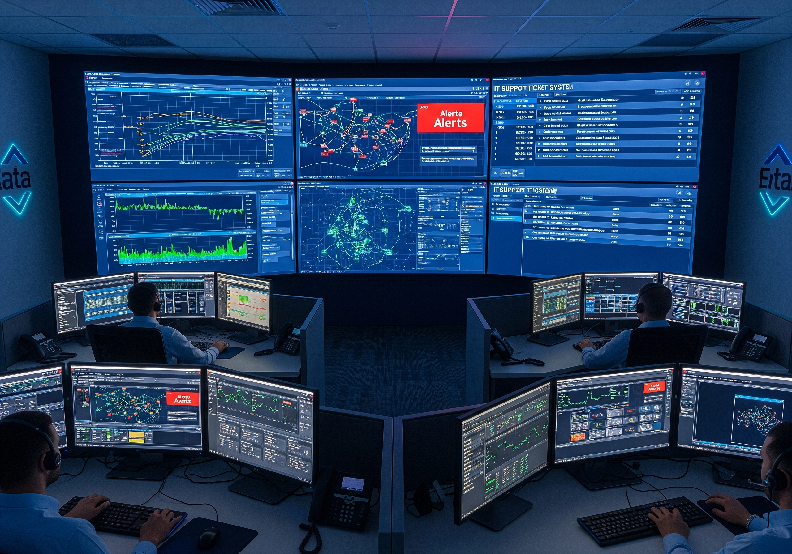 A control room environment with multiple operators monitoring a network of IT systems via large screens displaying system status, alerts, and network diagrams, representing comprehensive IT support and IT service management.