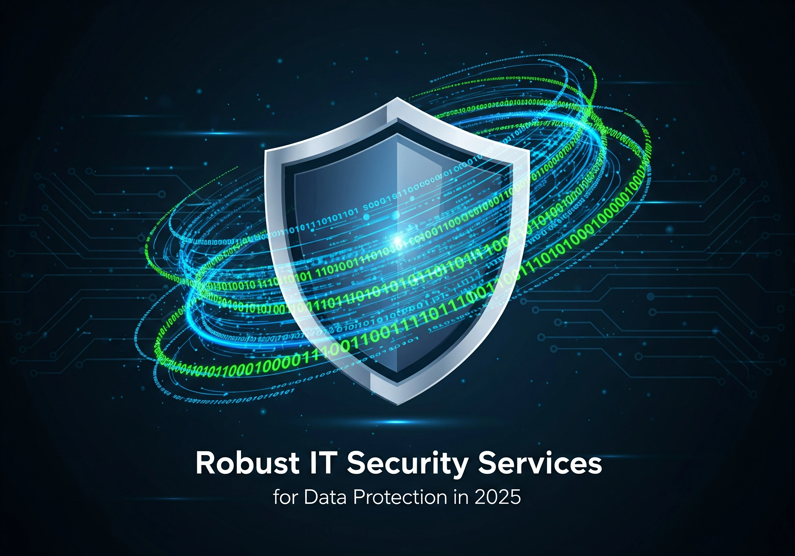 A digital shield surrounded by swirling digital code, representing robust IT security services for data protection in 2025, ensuring secure IT solutions and IT infrastructure.
