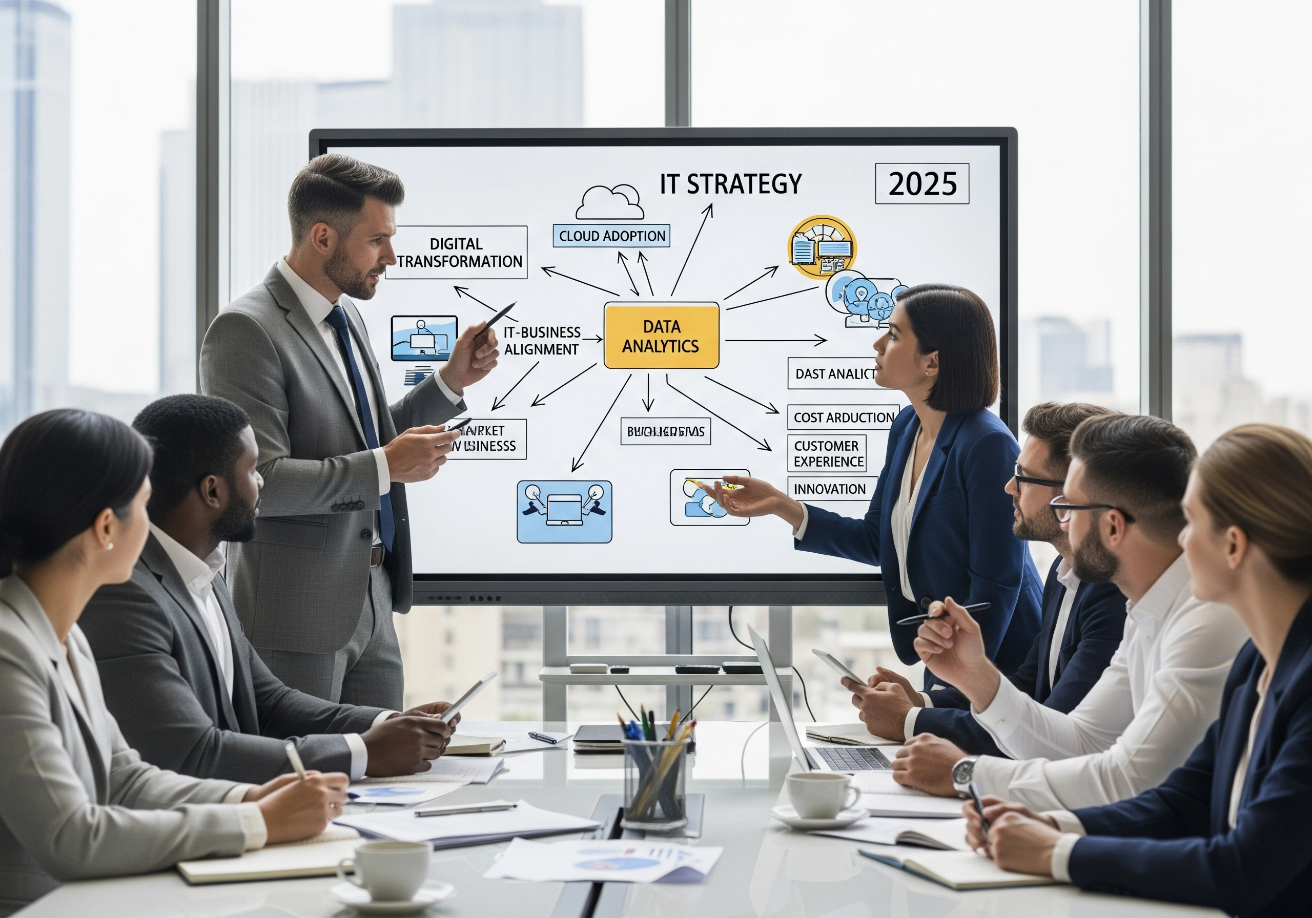 Business professionals in a meeting discussing an IT strategy for 2025, covering topics like digital transformation, cloud adoption, and data analytics, reflecting IT consulting and managed IT services.
