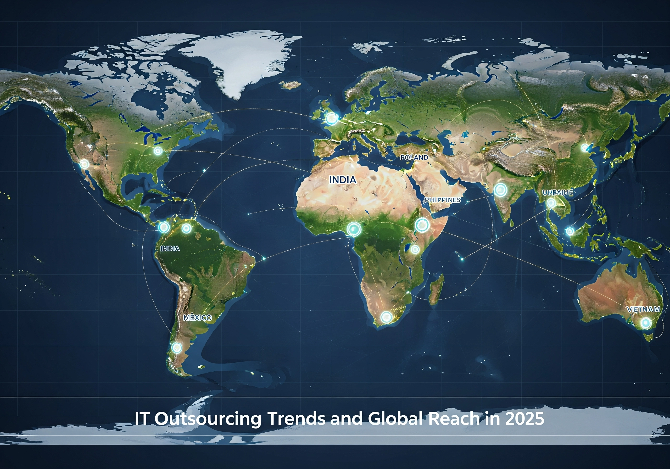 A world map highlighting IT outsourcing trends and global reach in 2025, showcasing various locations connected by lines, representing IT outsourcing and managed IT services worldwide.