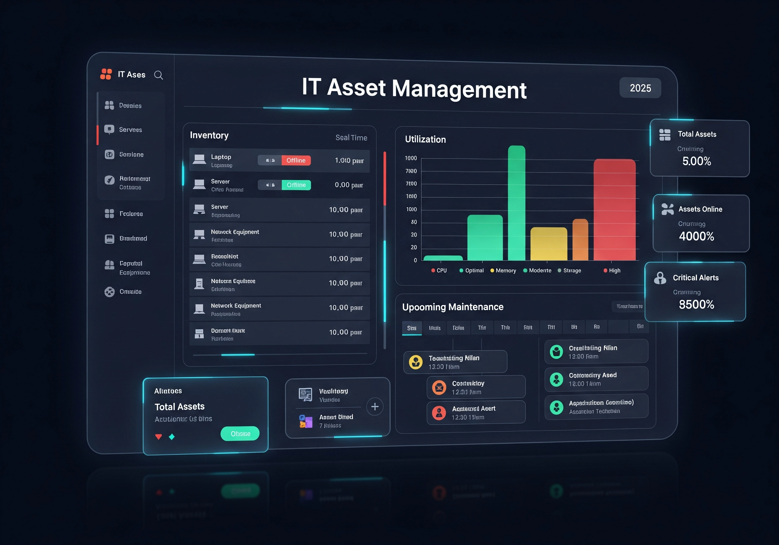 Screenshot of an IT asset management dashboard showing inventory, utilization, and upcoming maintenance, representing modern IT asset management and IT service management solutions in 2025.