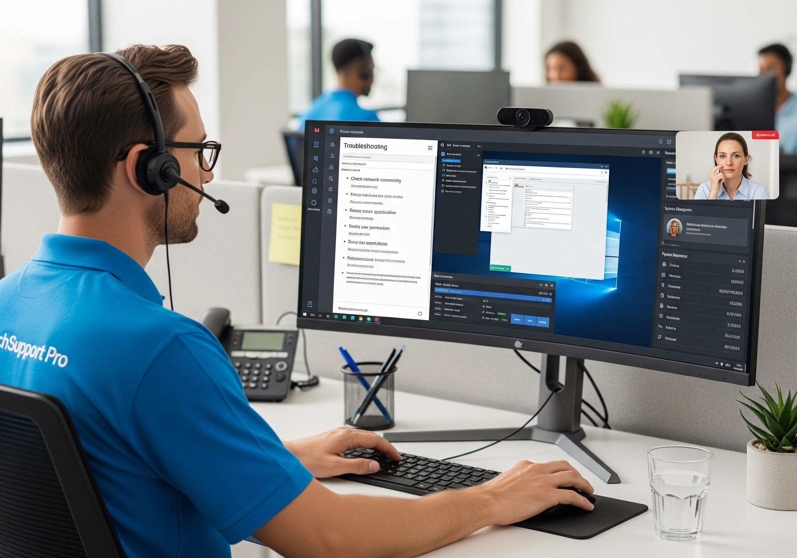 A male IT support technician wearing a headset, providing IT helpdesk services remotely, with a screen showing troubleshooting steps and a video call with a customer, representing IT support and managed IT services.