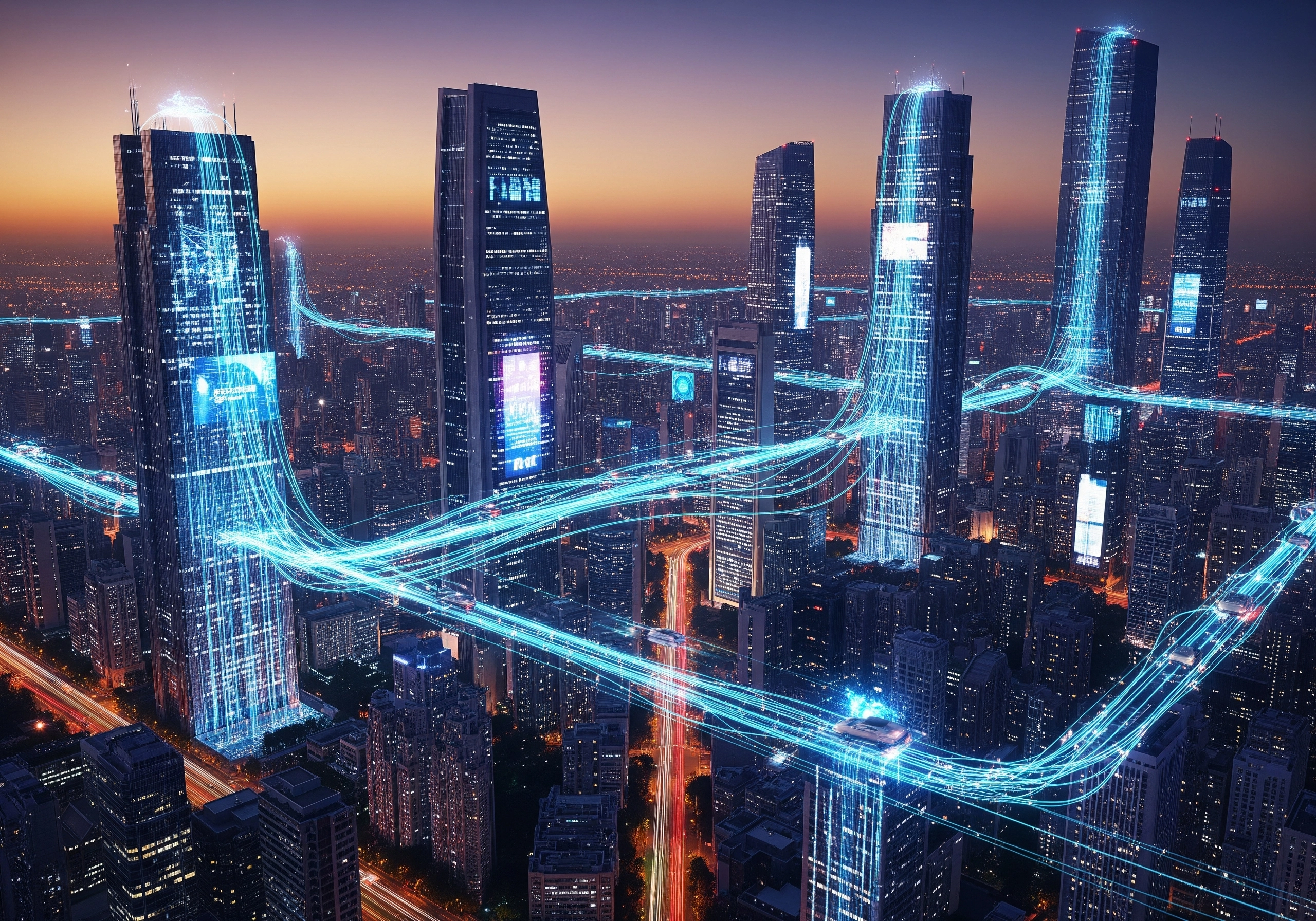 A futuristic cityscape with digital streams flowing between buildings, representing high-speed data connections and advanced IT infrastructure, emphasizing IT solutions and IT operations in a smart city.
