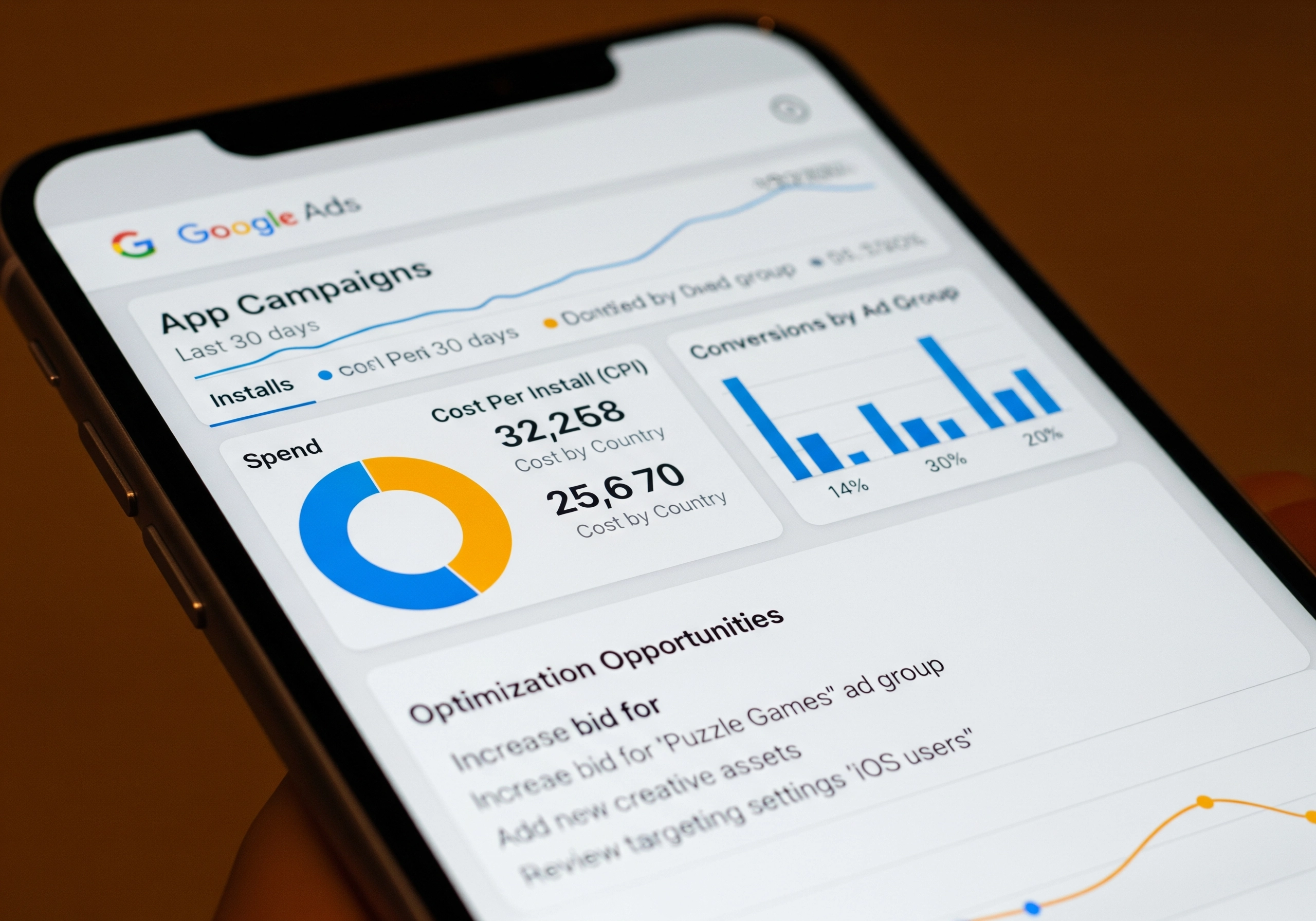 A close-up view of a smartphone screen displaying Google Ads App Campaigns performance metrics, including installs, cost per install (CPI), and conversions by ad group, highlighting optimization opportunities for mobile app campaigns.