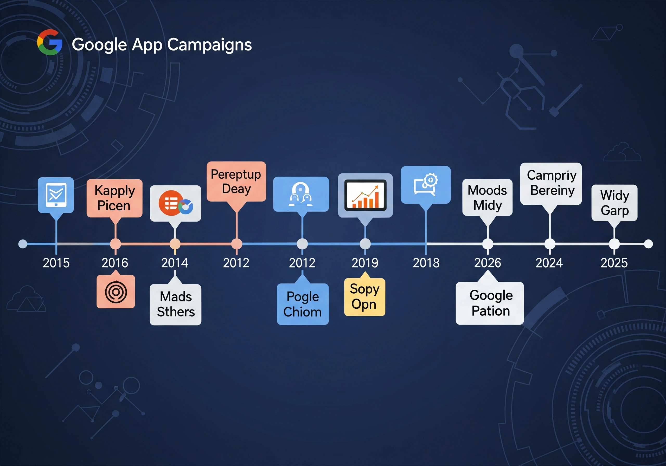 Timeline infographic illustrating the evolution of Google App Campaigns from 2012 to 2025, showing key milestones and features for mobile app campaigns and app promotion.