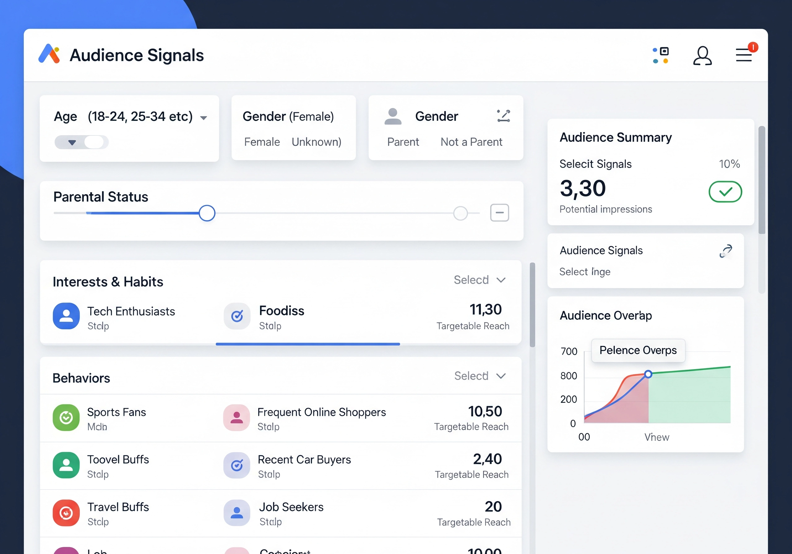 Screenshot of an audience signals dashboard, displaying demographic and interest-based targeting options for Google App Campaigns, useful for refining app marketing strategy and optimizing app downloads.