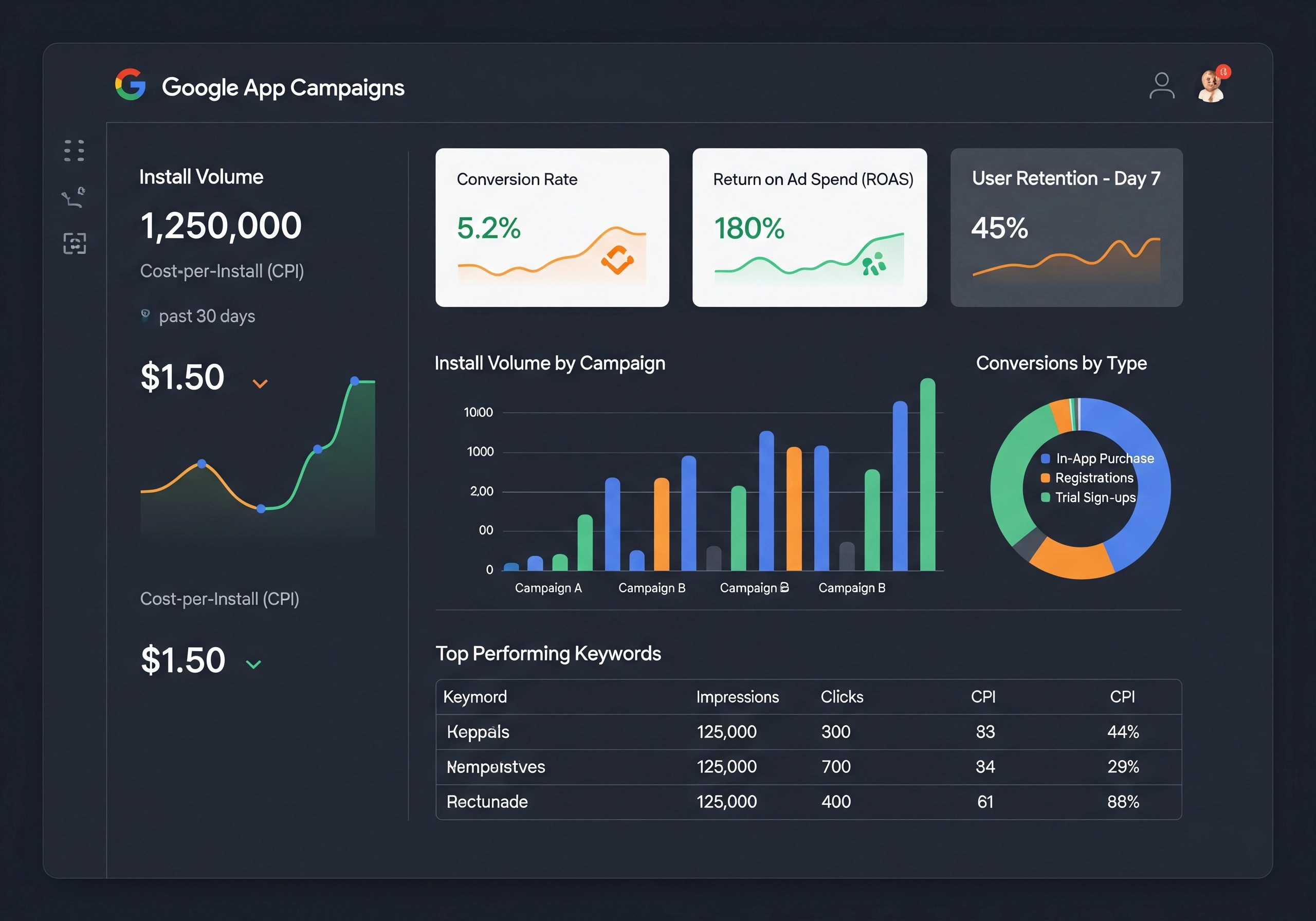 Dashboard view of Google App Campaigns performance metrics, including install volume, conversion rate, ROAS, and user retention, providing insights for optimizing mobile app campaigns and app promotion.