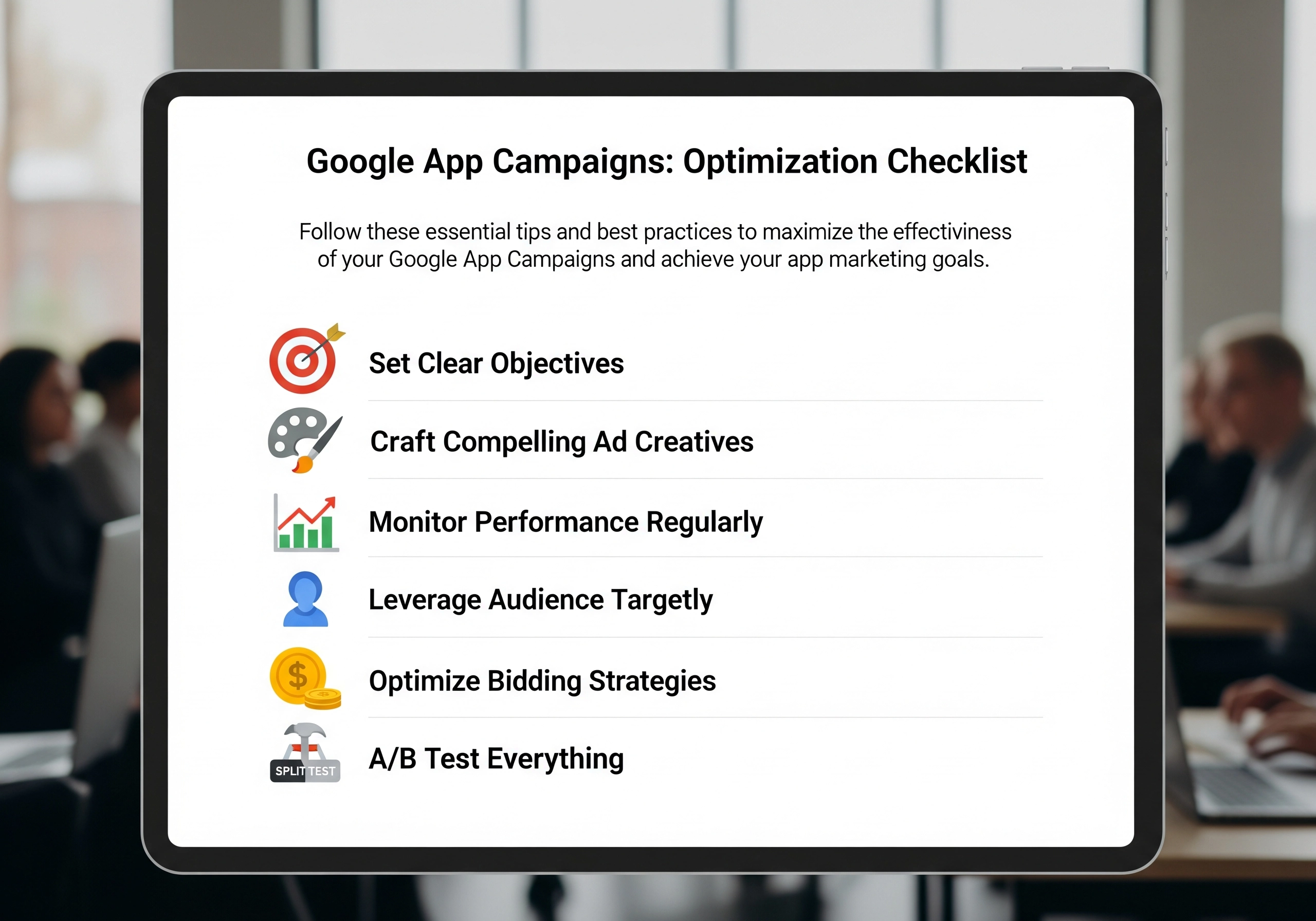A tablet screen displaying a Google App Campaigns optimization checklist, including setting clear objectives, crafting compelling ad creatives, and leveraging audience targeting for effective app marketing strategy.