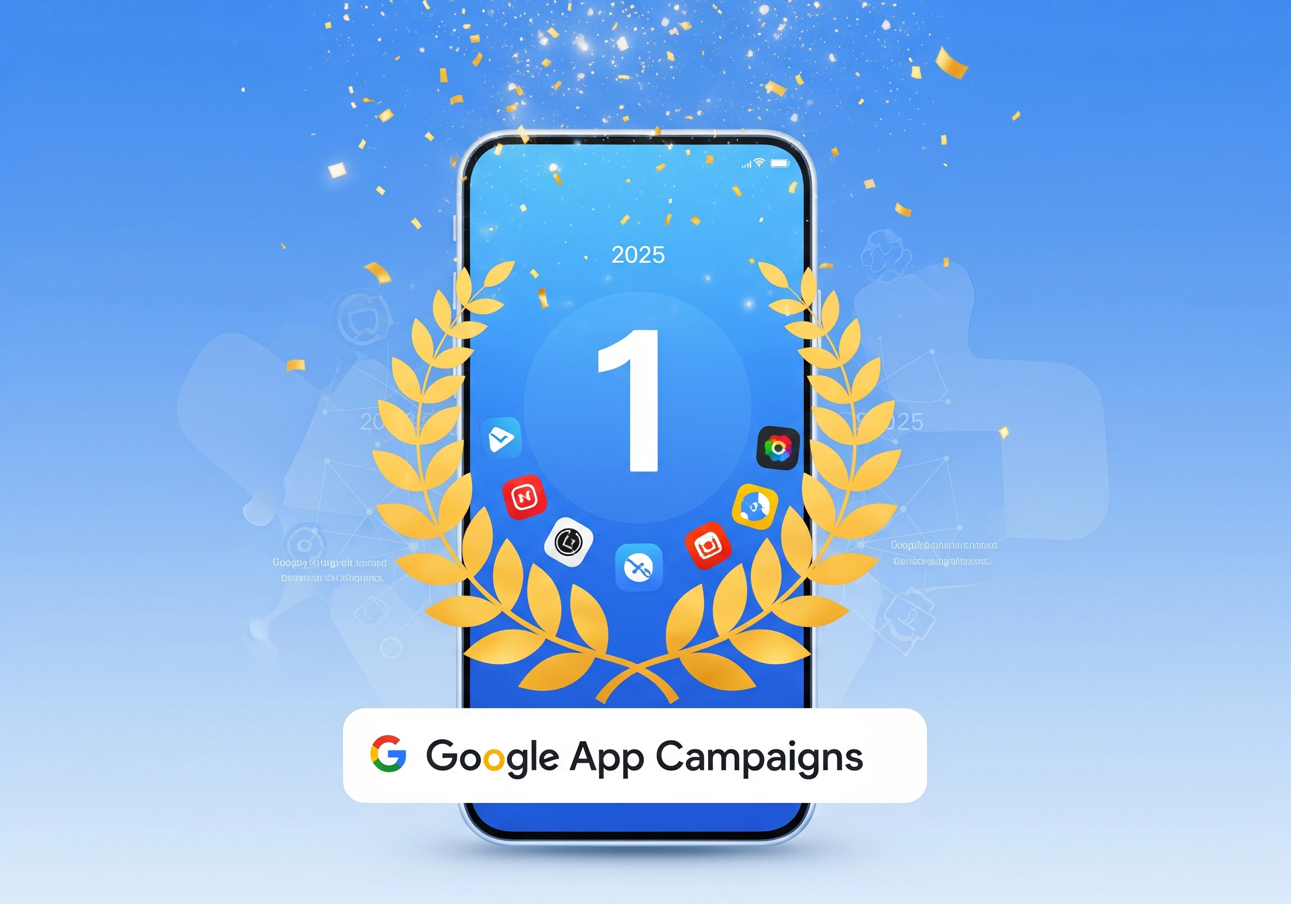 A smartphone displaying the number '1' surrounded by app icons, representing top-ranking apps achieved through Google App Campaigns, highlighting the success of mobile app campaigns and app downloads.