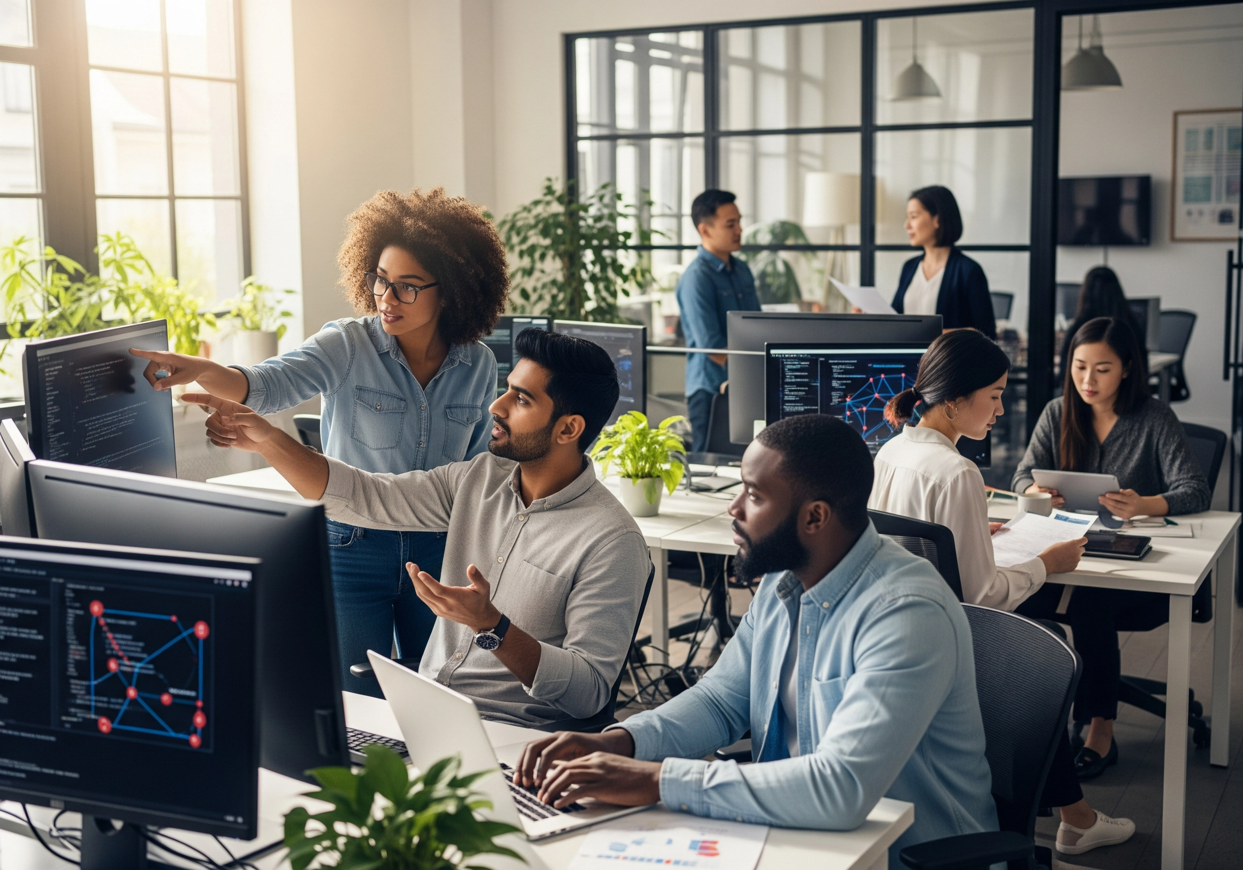 A diverse team collaborating in an office environment, working on IT solutions and providing IT support, showcasing behind-the-scenes IT operations with a focus on problem-solving and teamwork.