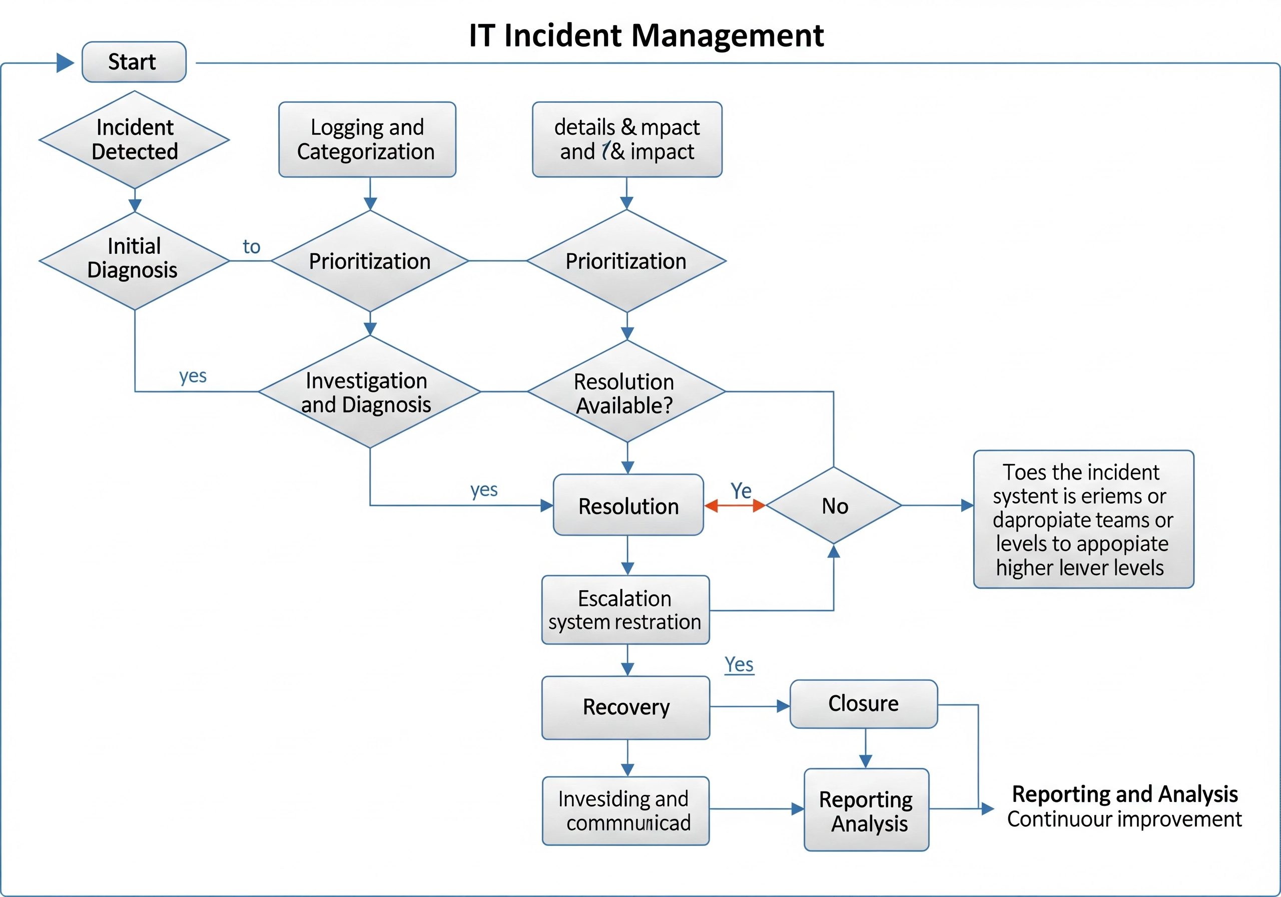 Flowchart depicting IT incident management process, detailing steps from incident detection and logging to prioritization, resolution, recovery, and reporting, reflecting IT service management best practices.