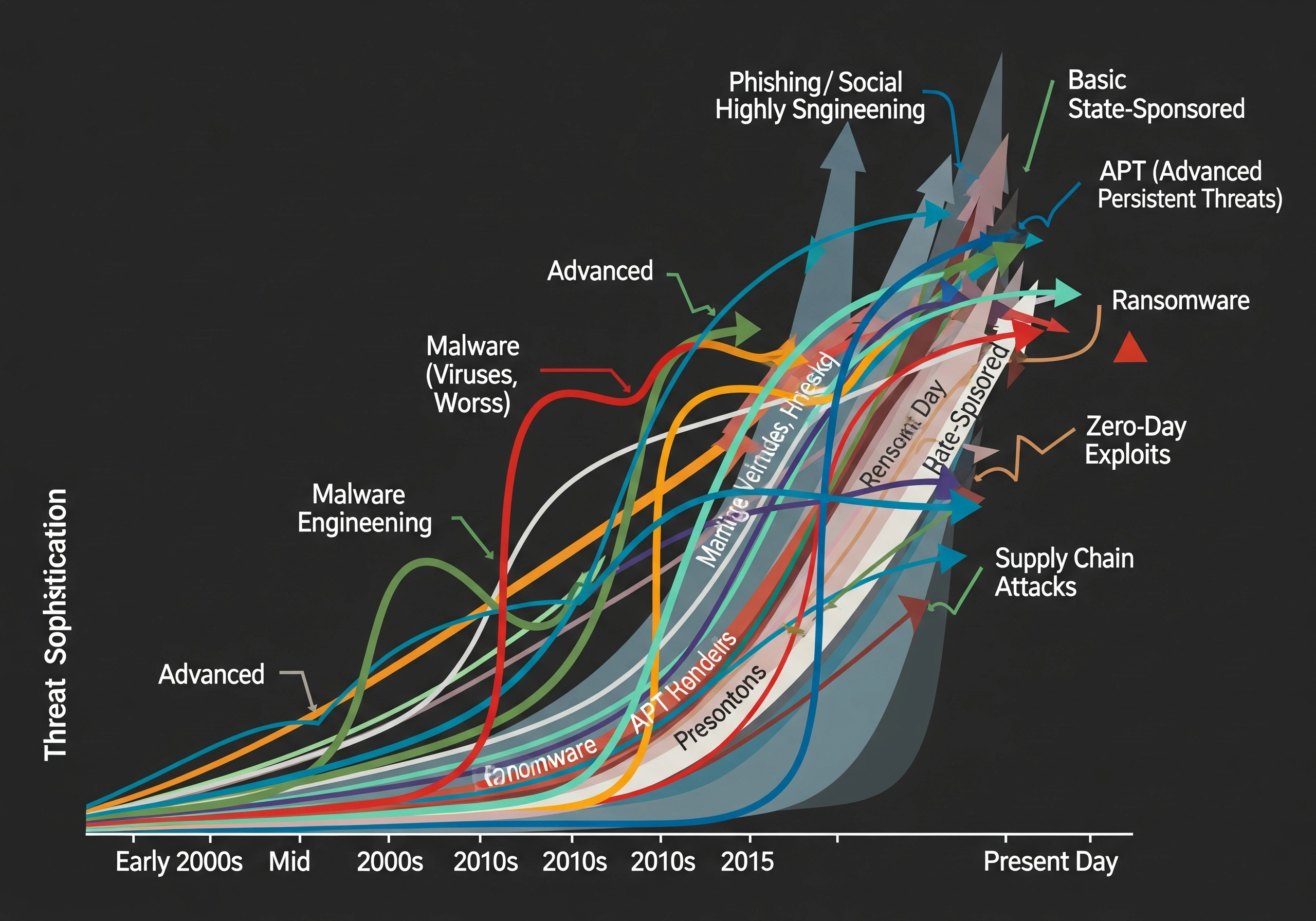 Graph illustrating the evolution of cyber threats over time, showcasing increasing sophistication and the emergence of malware, ransomware, and advanced persistent threats (APTs), emphasizing the need for robust IT solutions.
