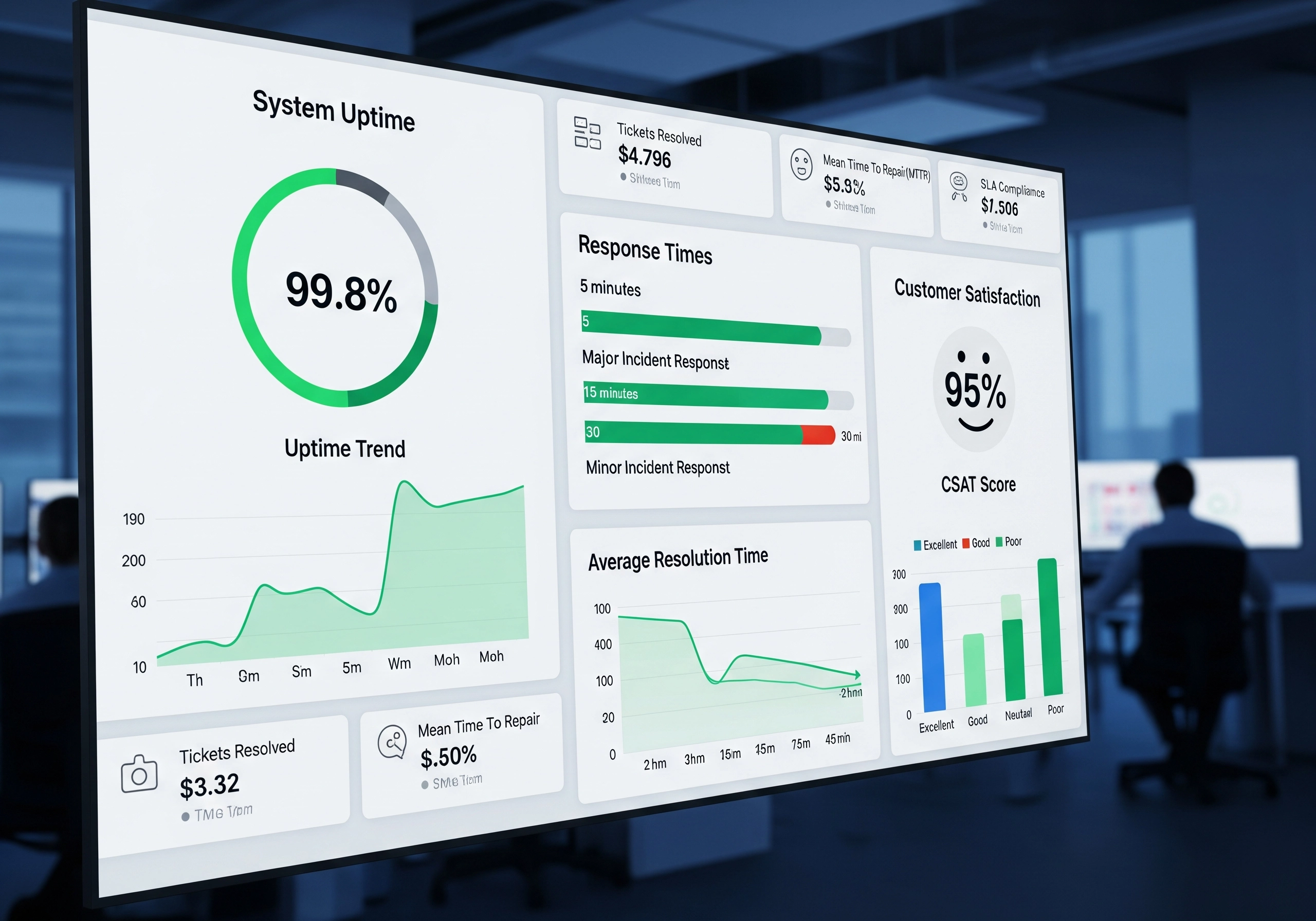 Dashboard displaying key performance indicators (KPIs) for IT service management, including system uptime, response times, resolution times, and customer satisfaction scores, highlighting the effectiveness of IT support services.
