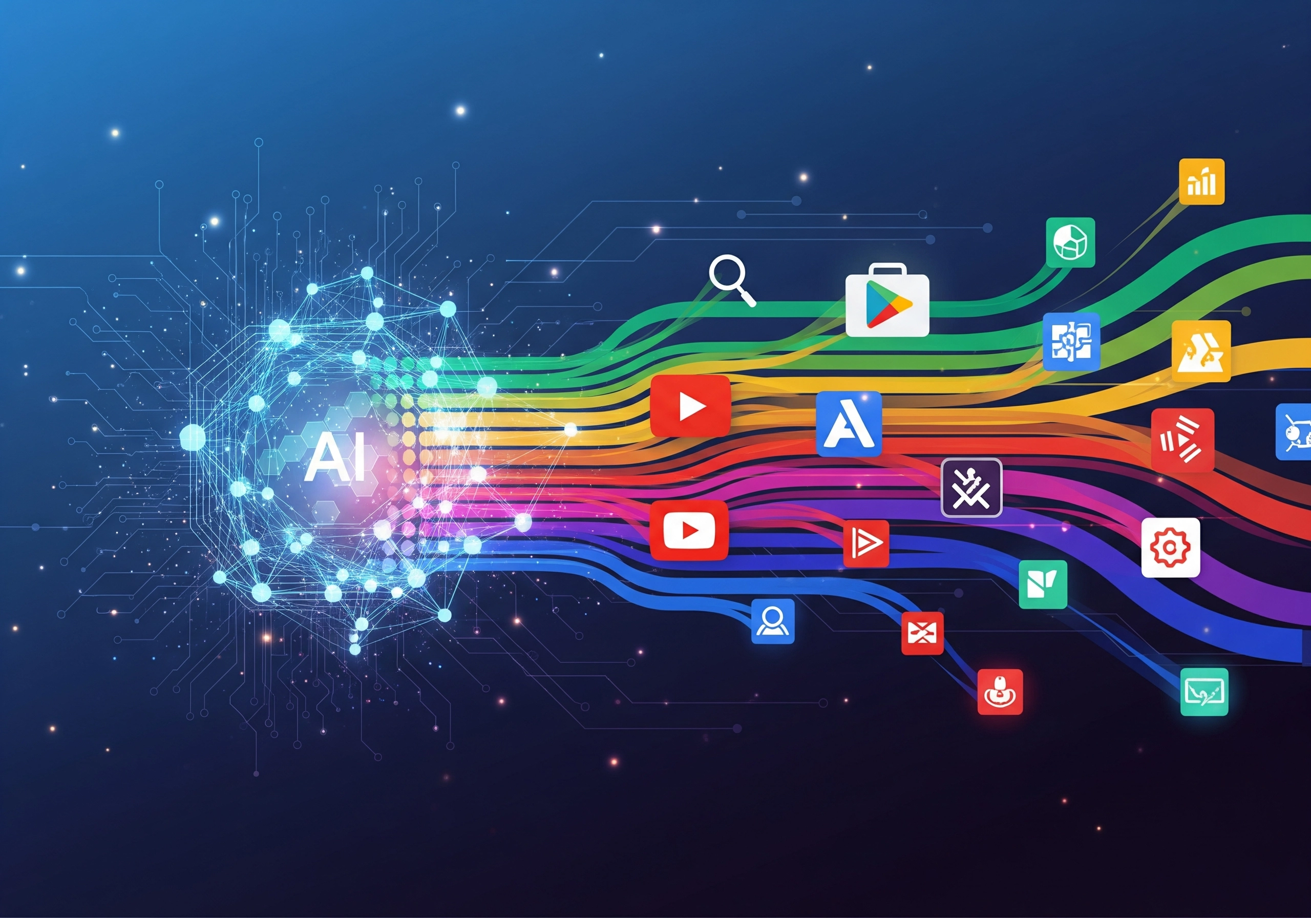 AI connected to app icons, representing Google App download campaigns.