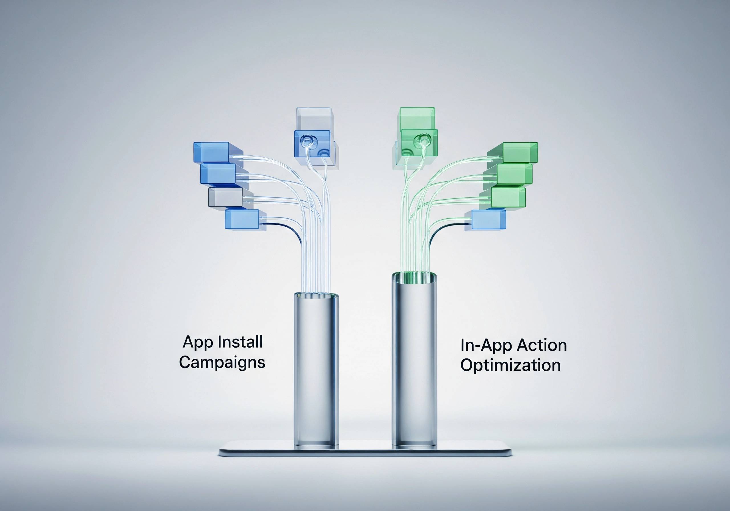 Diagram comparing app install campaigns and in-app action optimization.