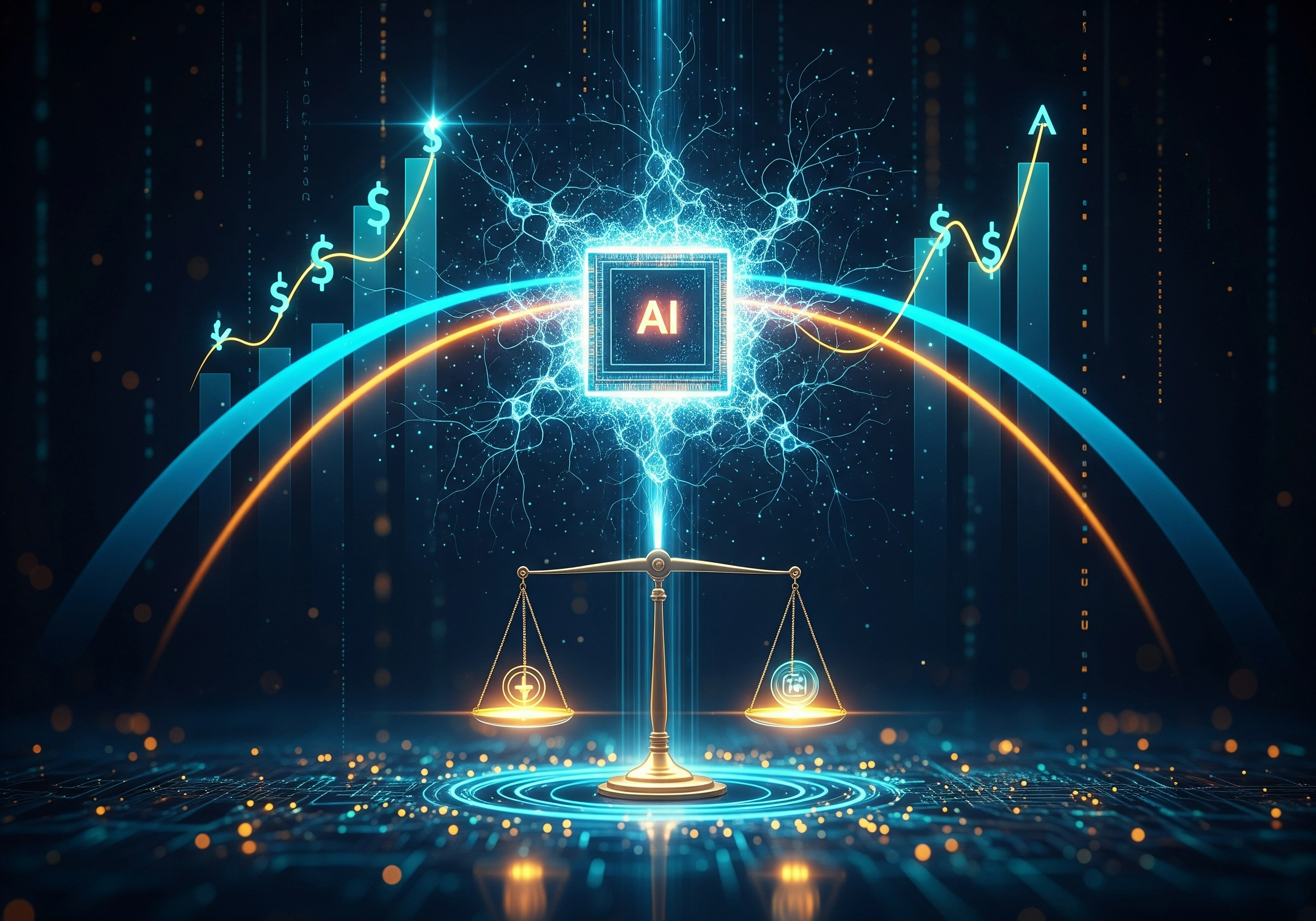 AI central processing unit on scales, with rising graph for Google app campaign success.
