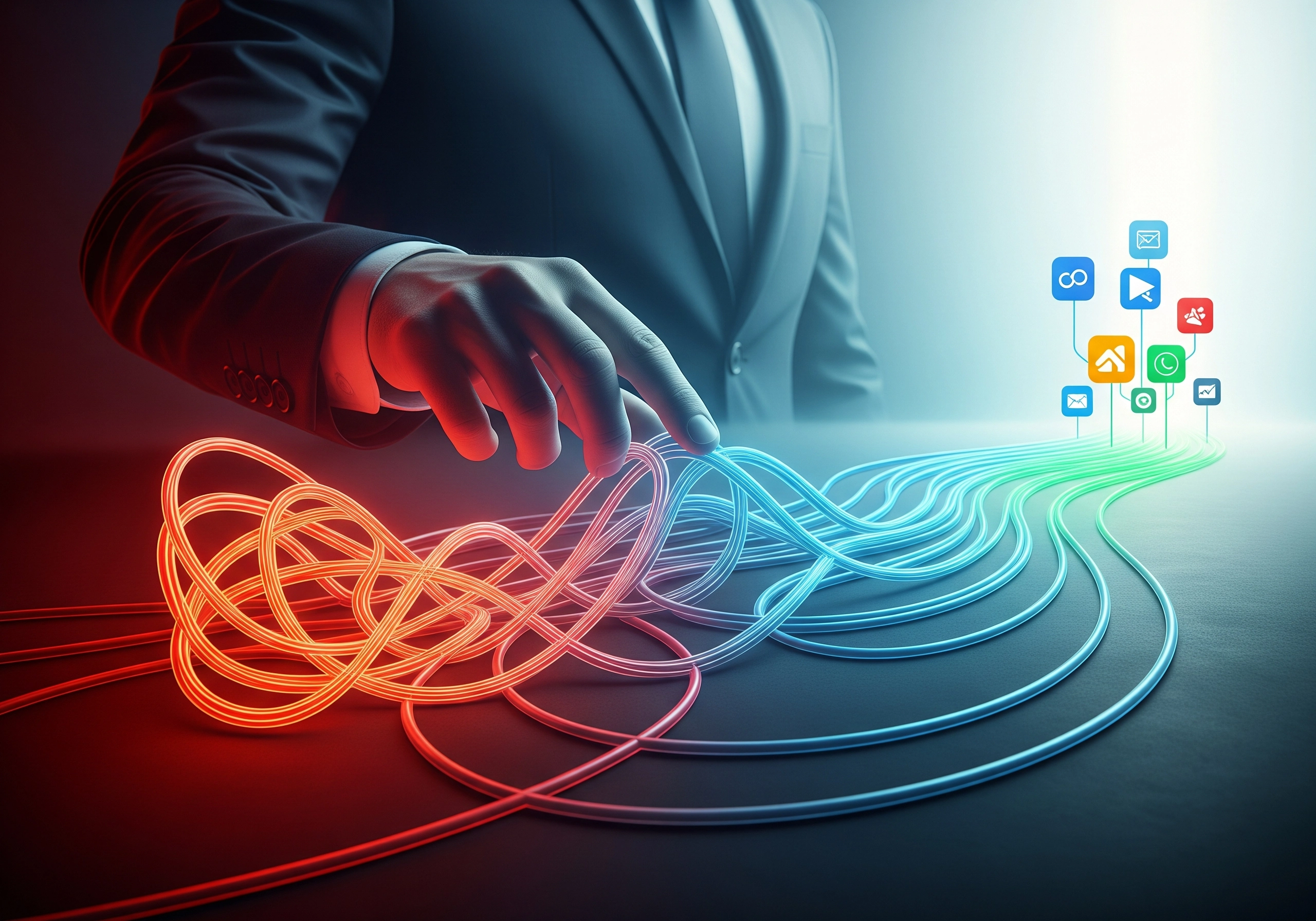 Hand interacts with flowing data stream towards app icons, representing Google app promotion.