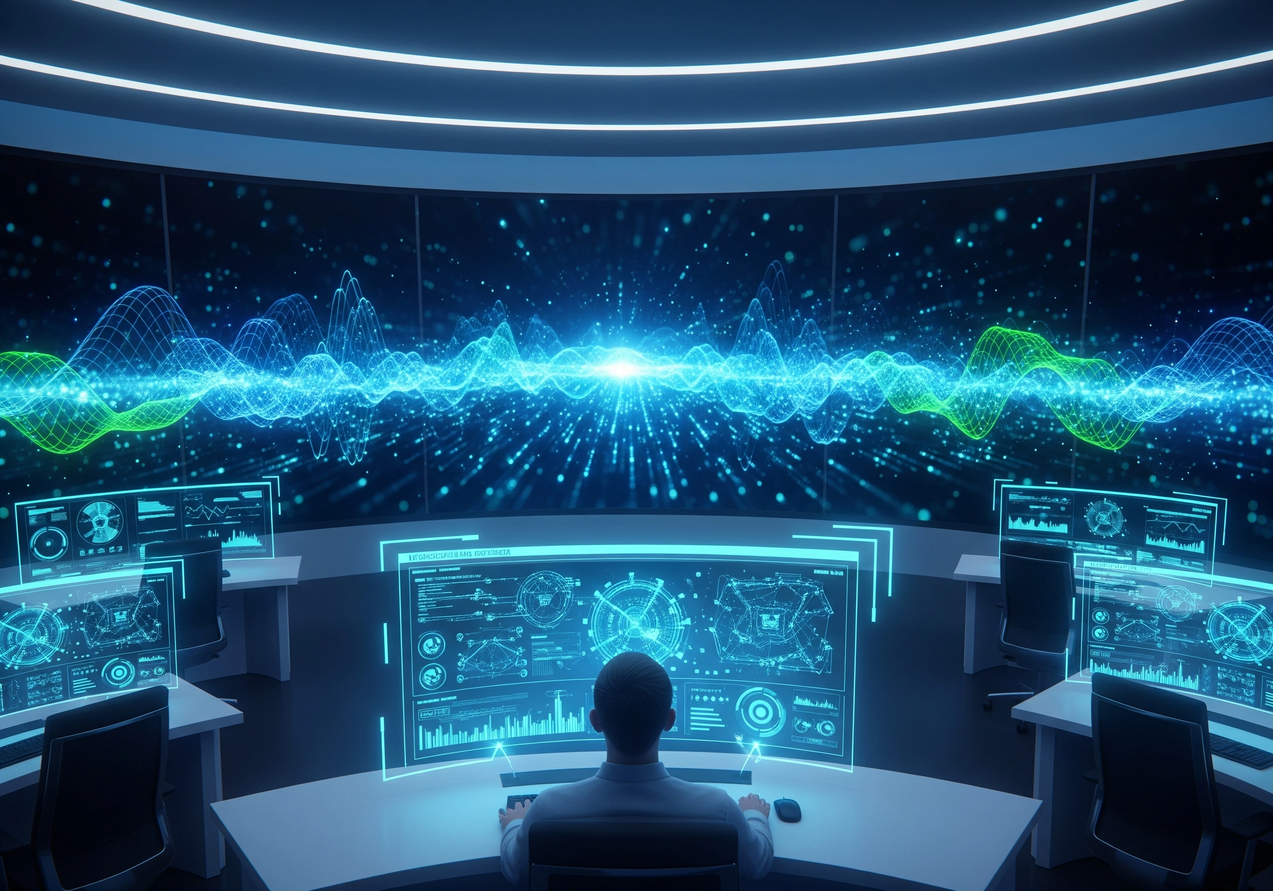 IT professional monitoring network security essentials from a modern control room.