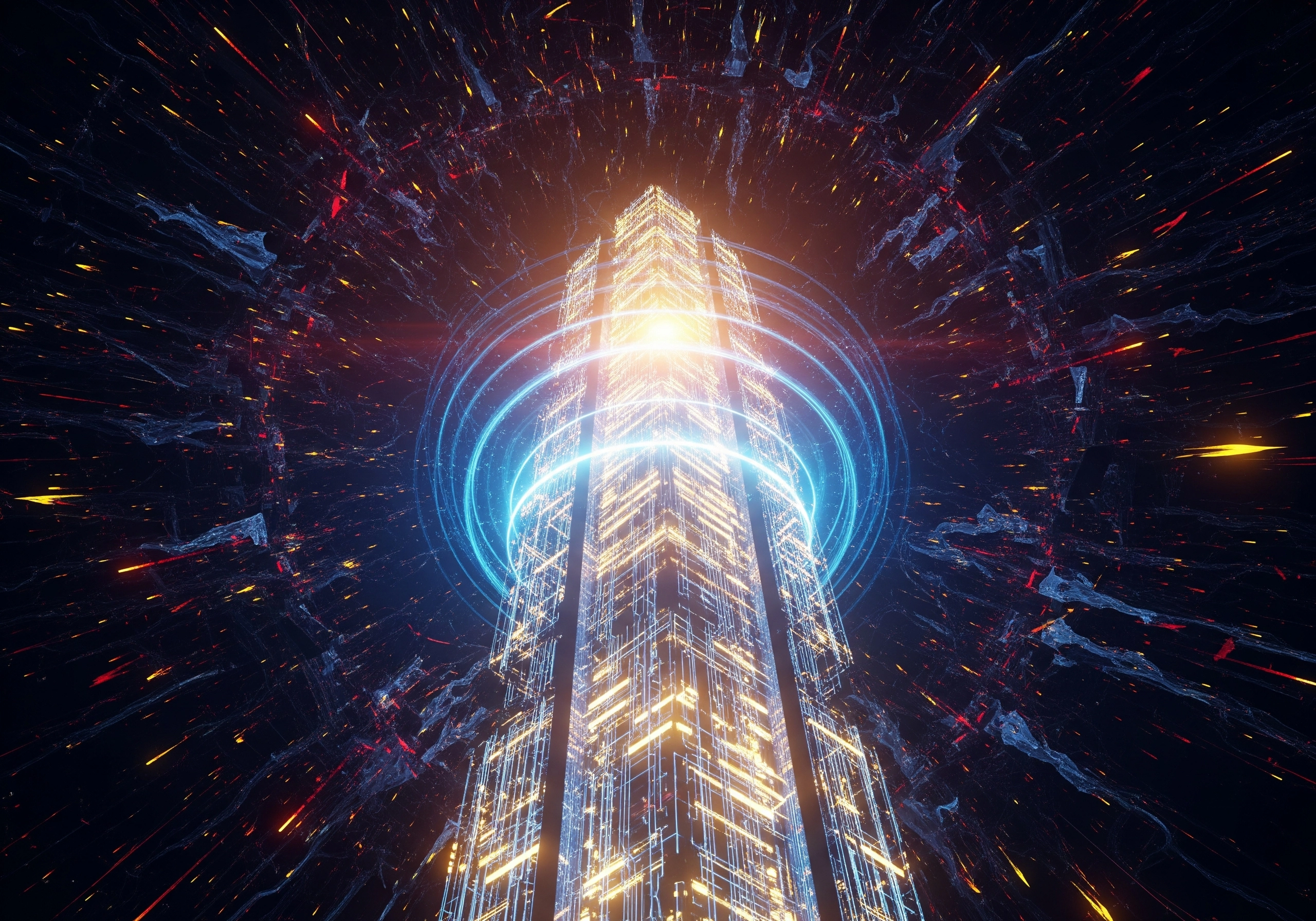 Futuristic skyscraper with glowing rings, symbolizing advanced cloud services integration.