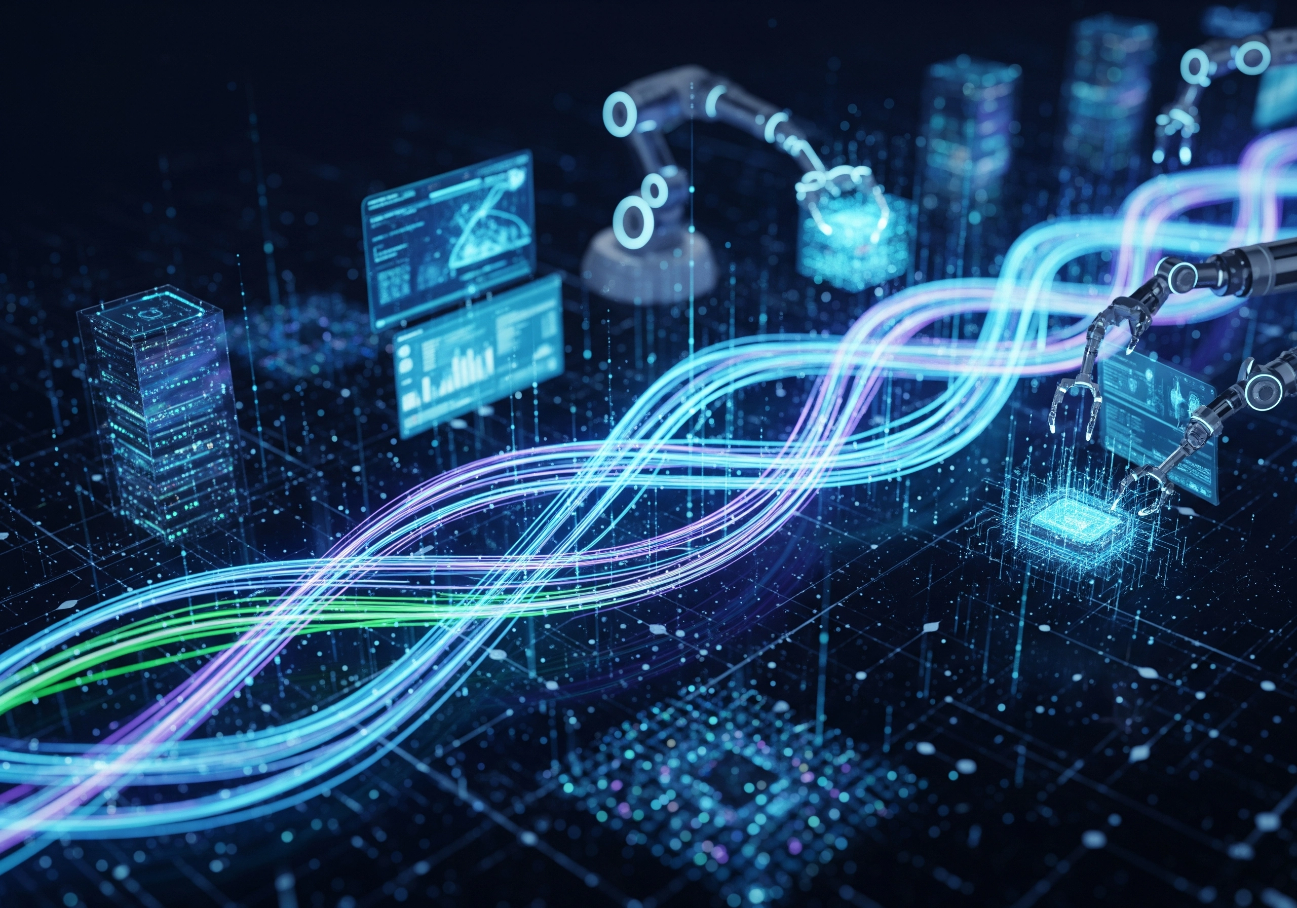 Robotic arms working with glowing data streams, representing automated IT service operations.