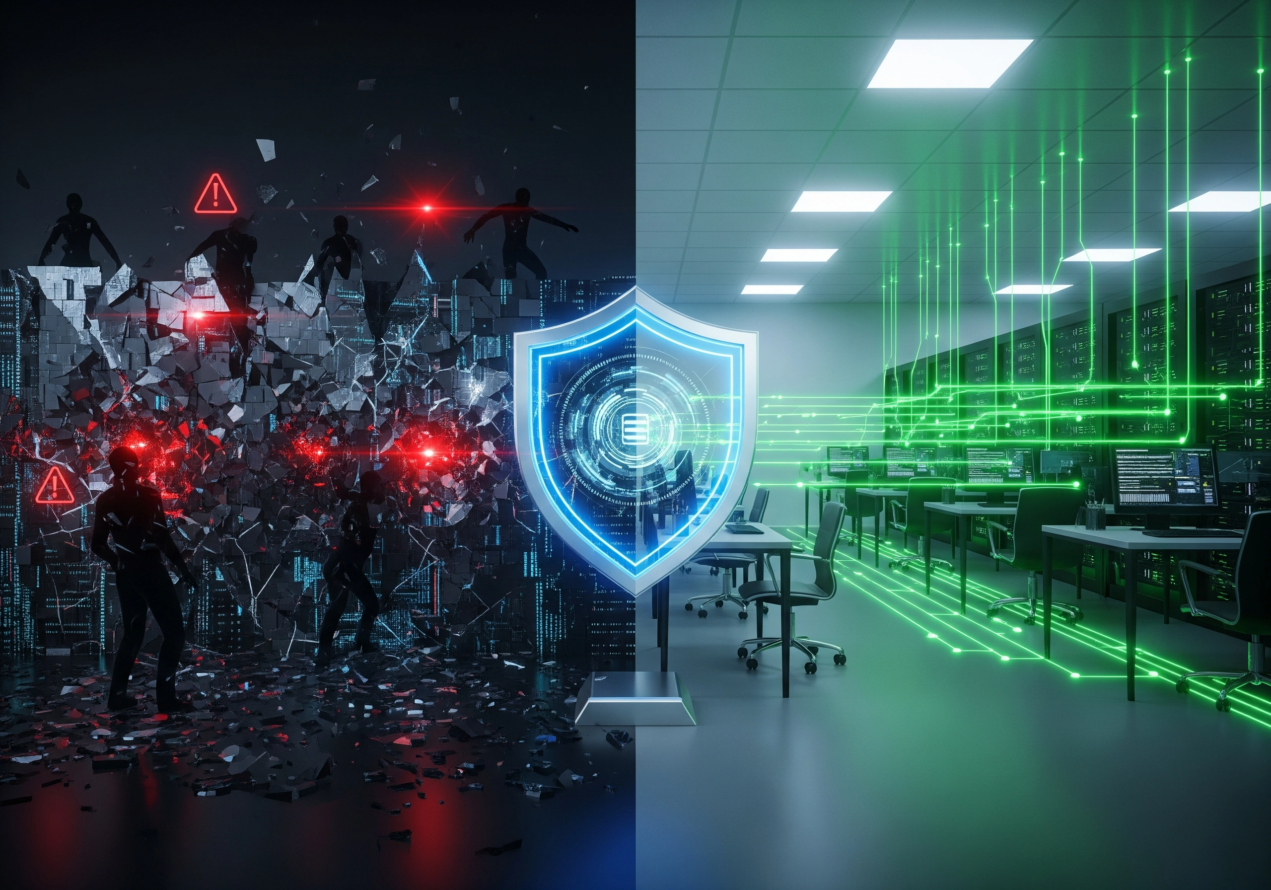 Cybersecurity shield protecting IT infrastructure from cyber attack, ensuring network security essentials.