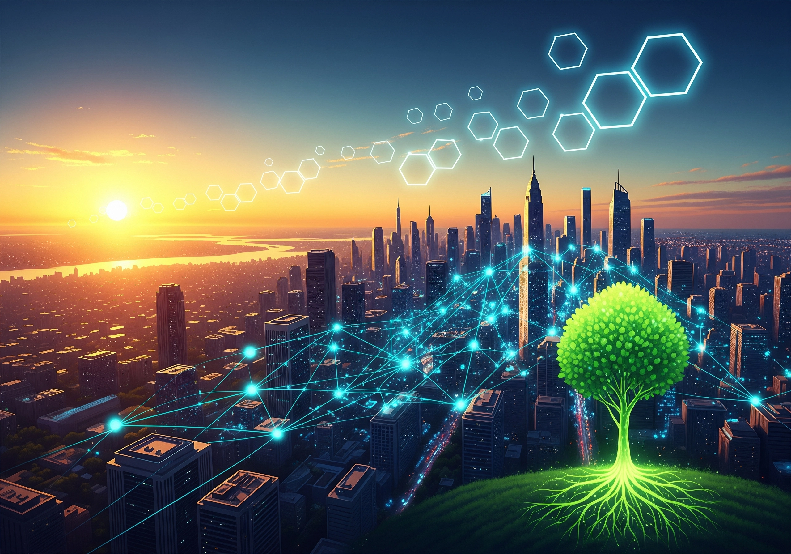 City skyline with network connections, visualizing business IT backbone and cloud services integration.