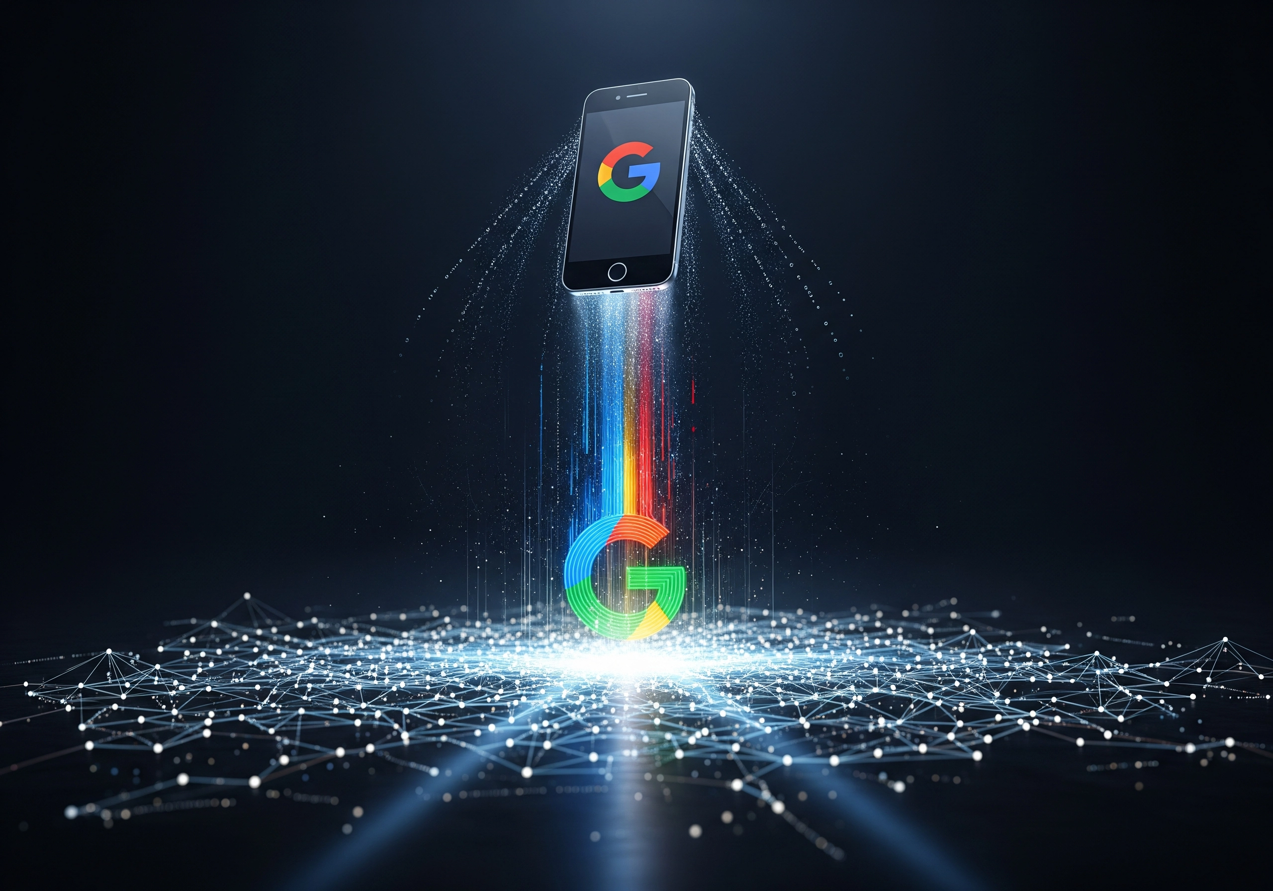 Smartphone with Google logo launching from a network of connected dots.