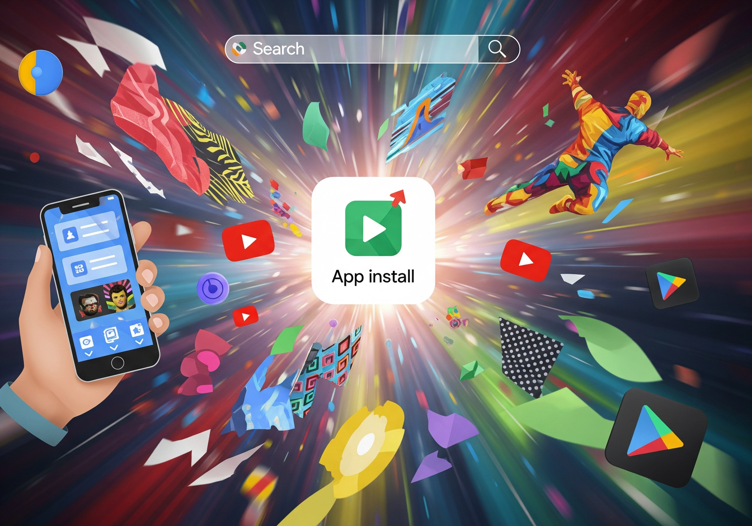 Hand holding phone with 'App Install' icon for a Google app campaign.