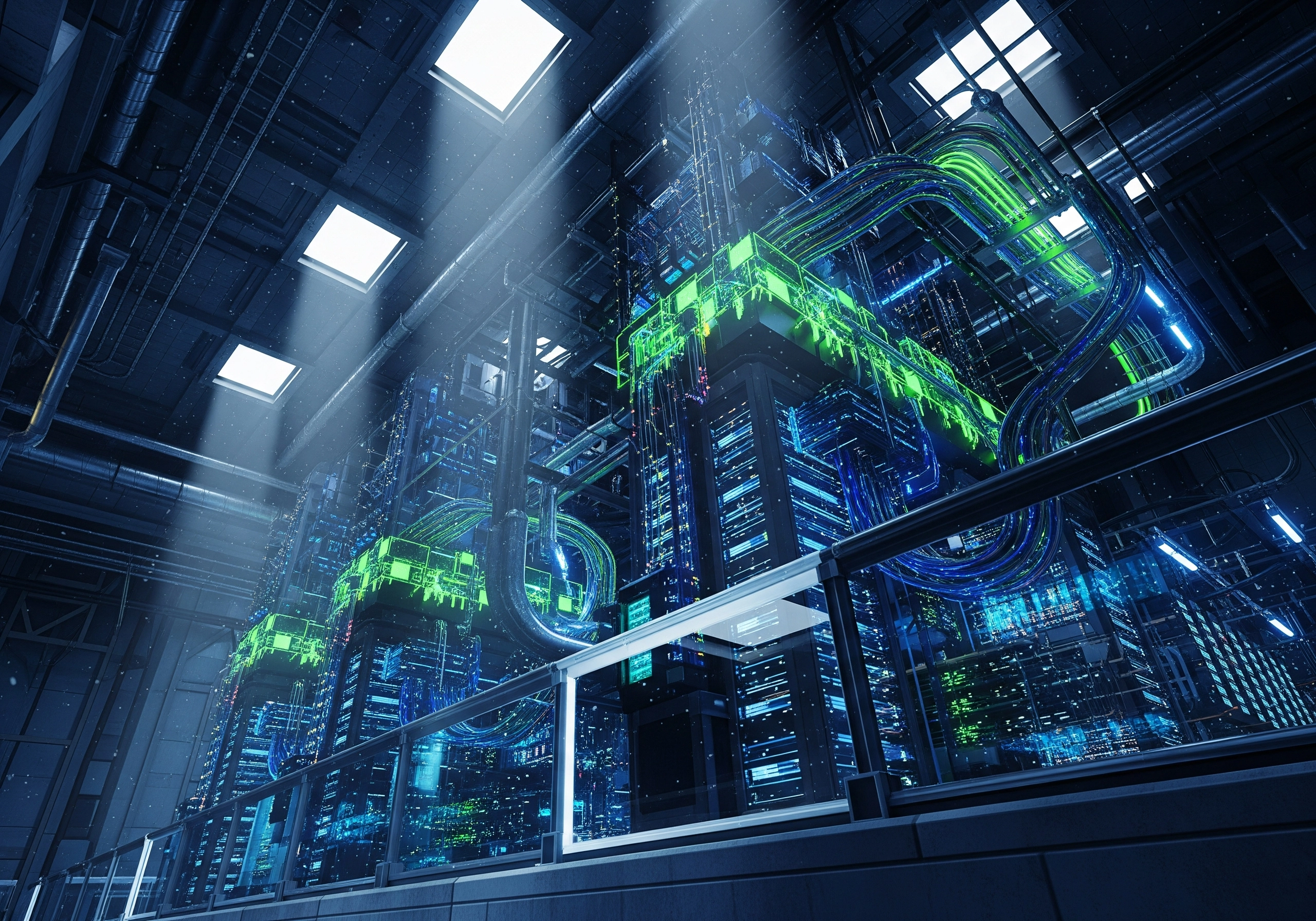 Interior view of a high-tech IT infrastructure server room with glowing lights.