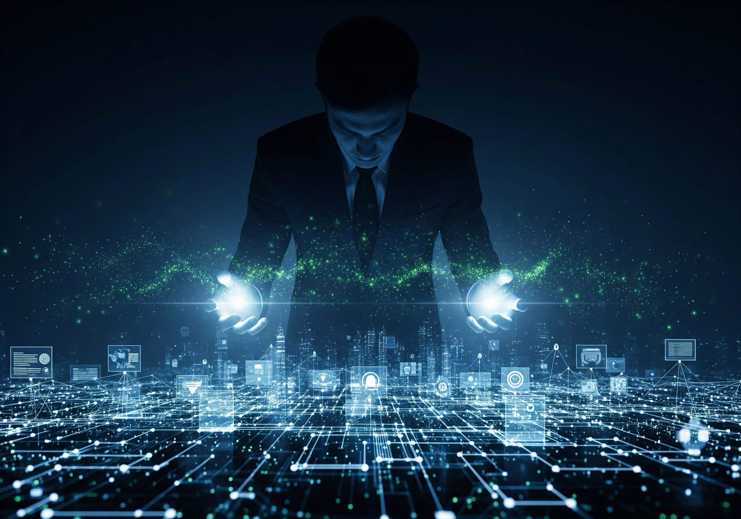 Businessman holding glowing digital information, representing IT solutions.