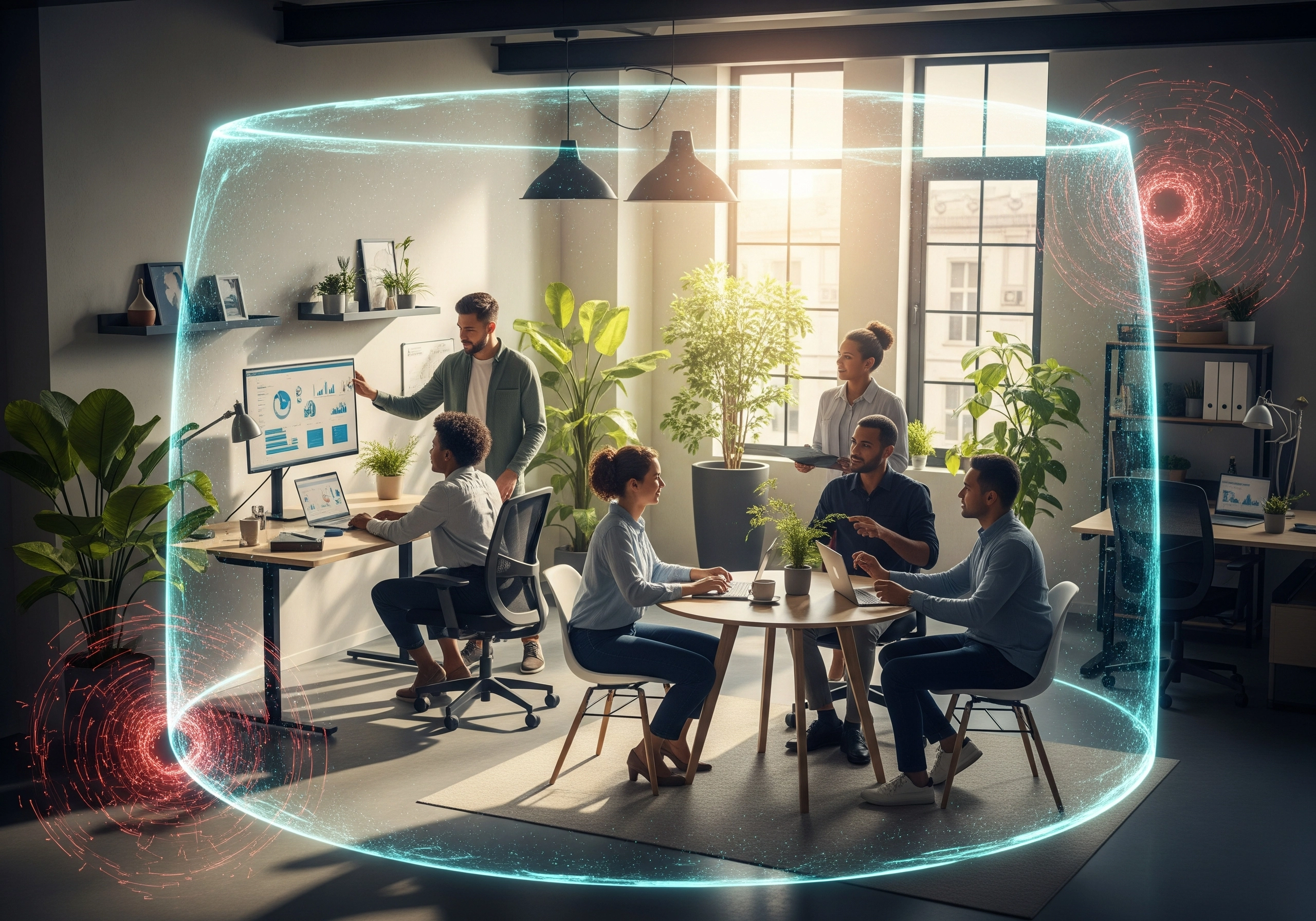 Team collaborating in office protected by IT infrastructure security shield.