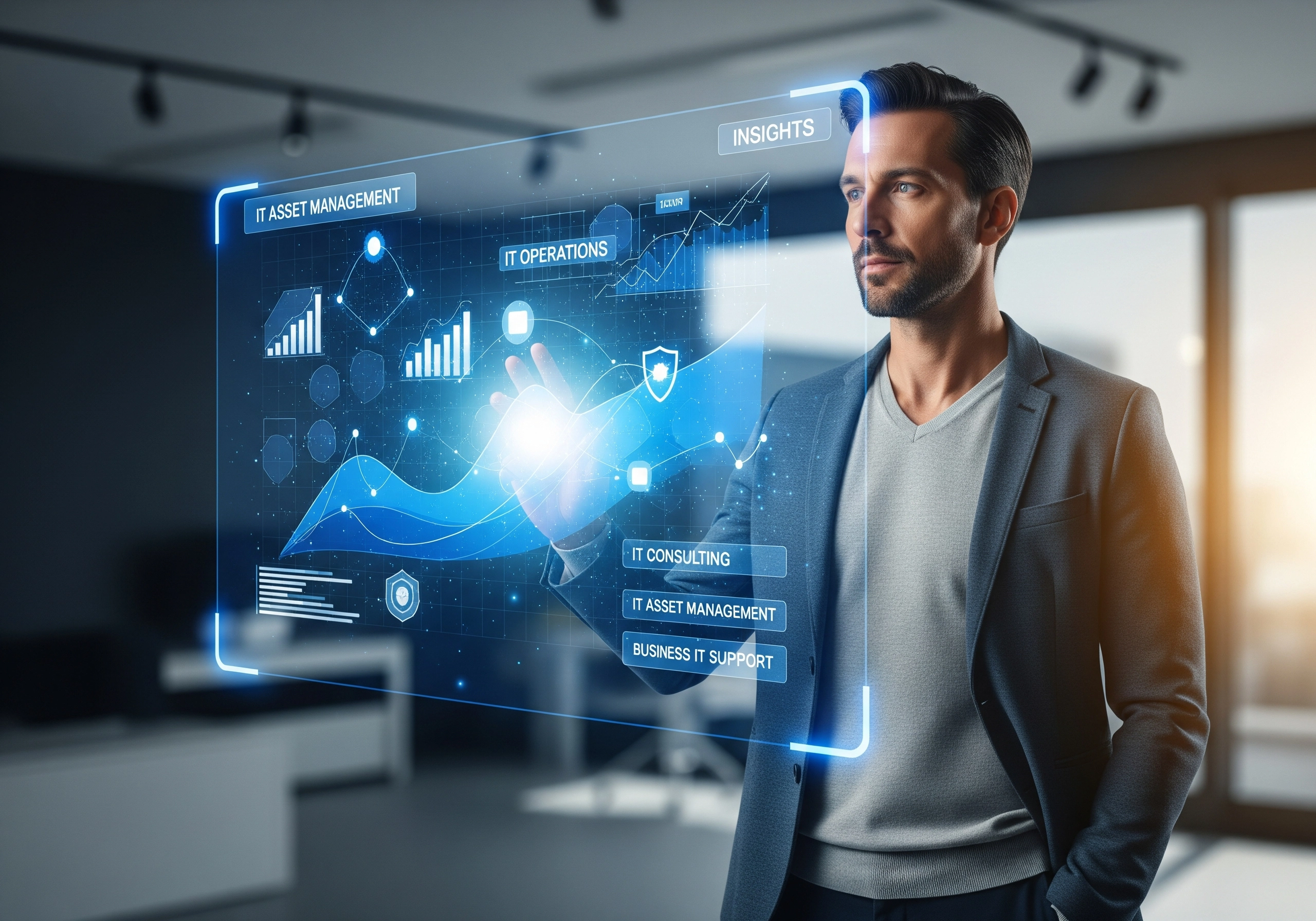 Man interacting with IT service management dashboard interface.