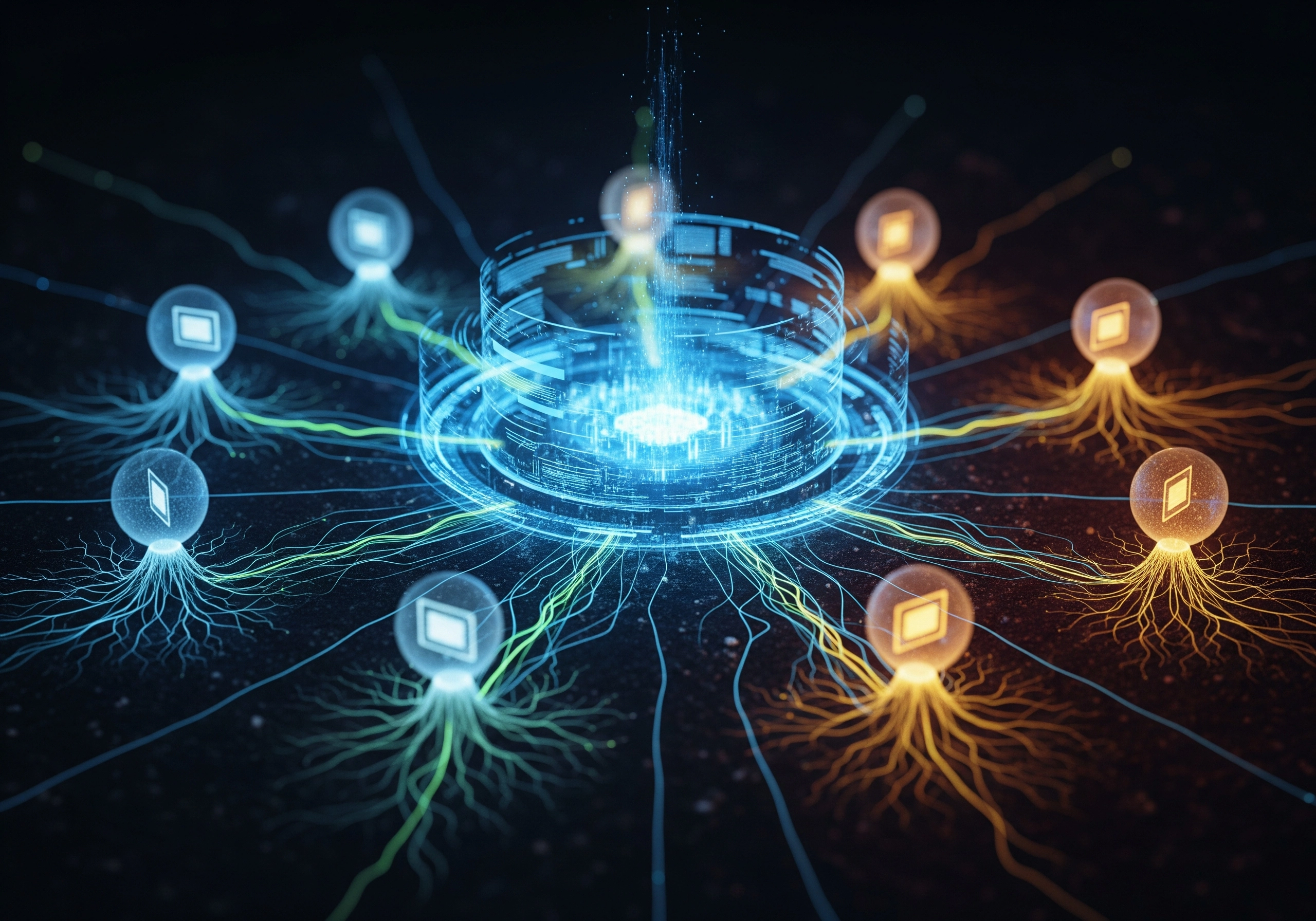 Connected digital nodes with glowing connections, illustrating network security solutions.