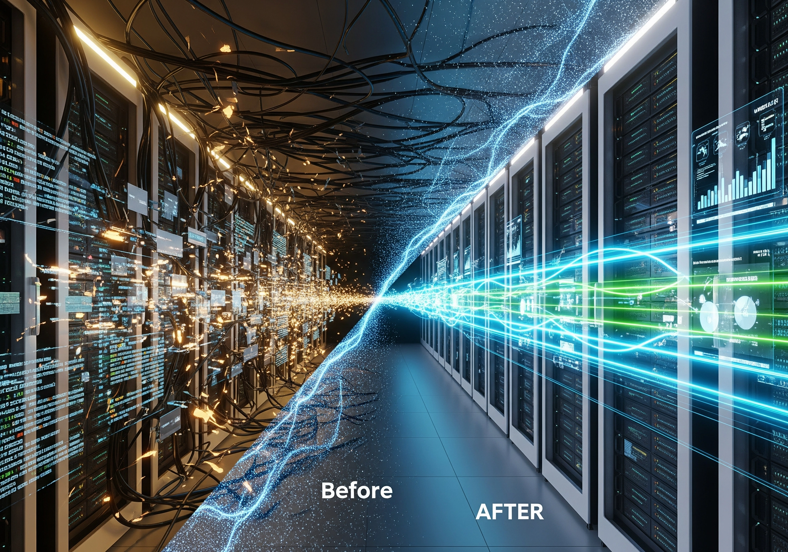 Server room showing before and after IT infrastructure management and digital transformation.