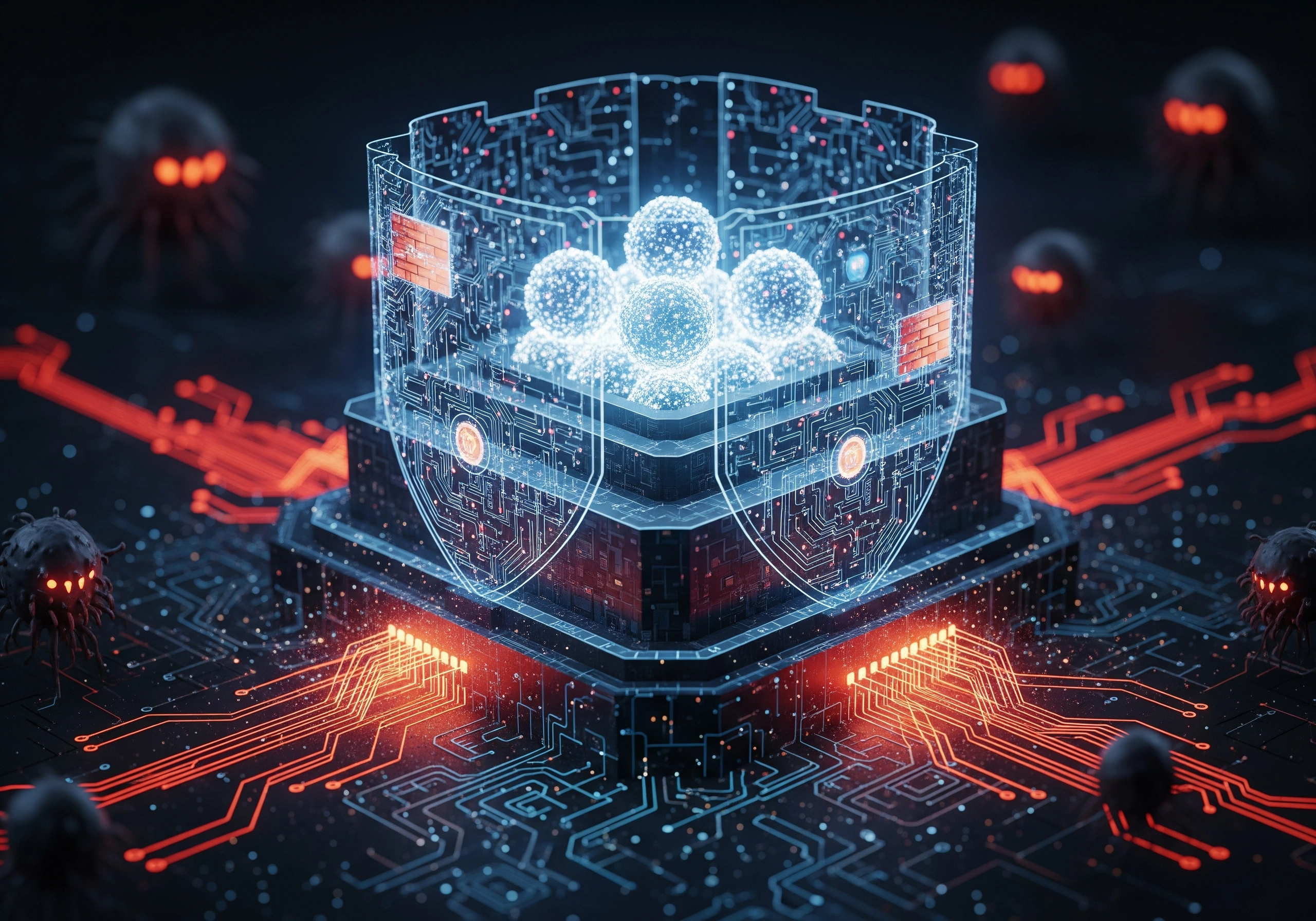 Abstract IT system with glowing circuit board and interconnected nodes.
