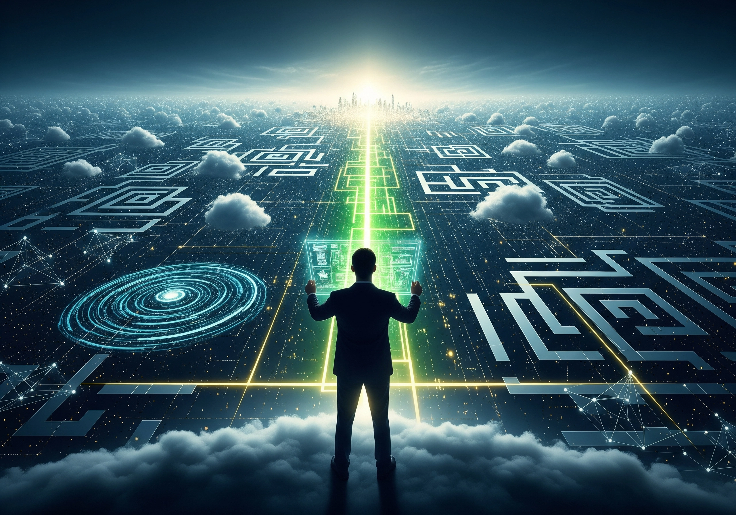 Man viewing digital city landscape, visualizing enterprise IT solutions.