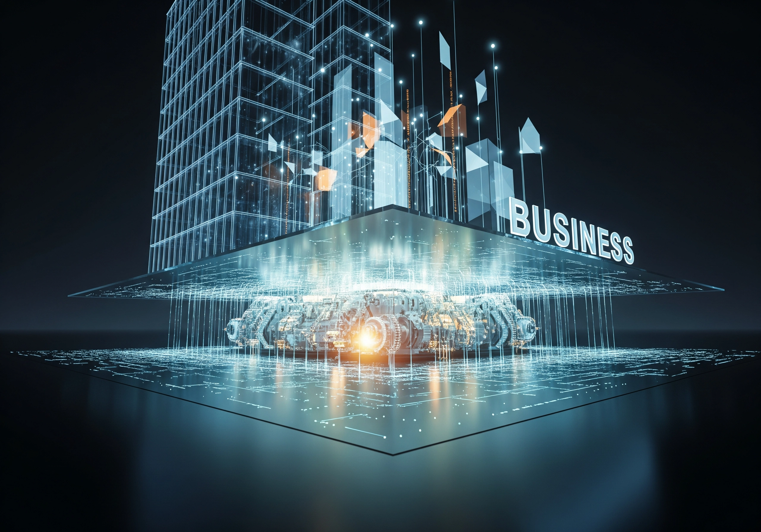 Abstract digital 'BUSINESS' above glowing IT infrastructure engine