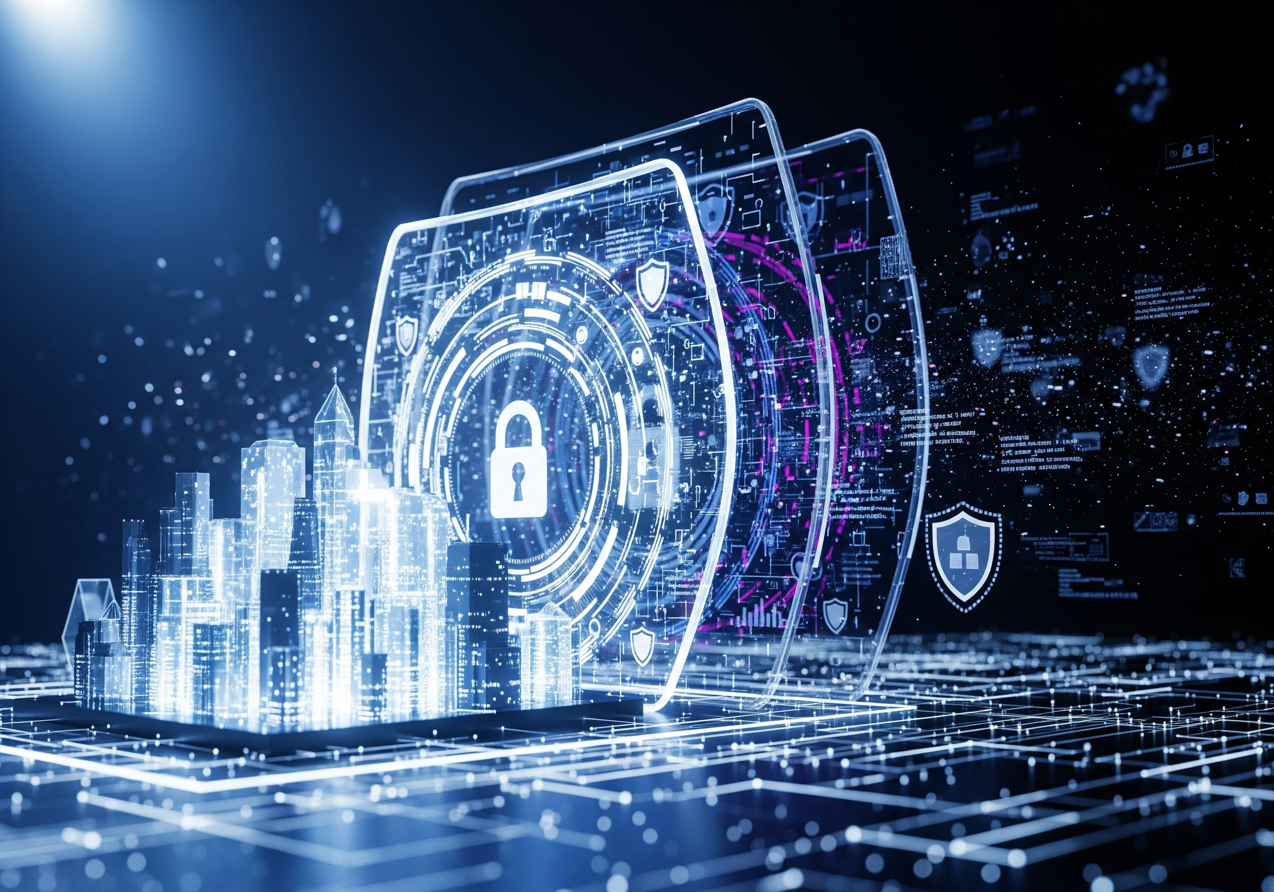 Digital city skyline with security lock for IT services management