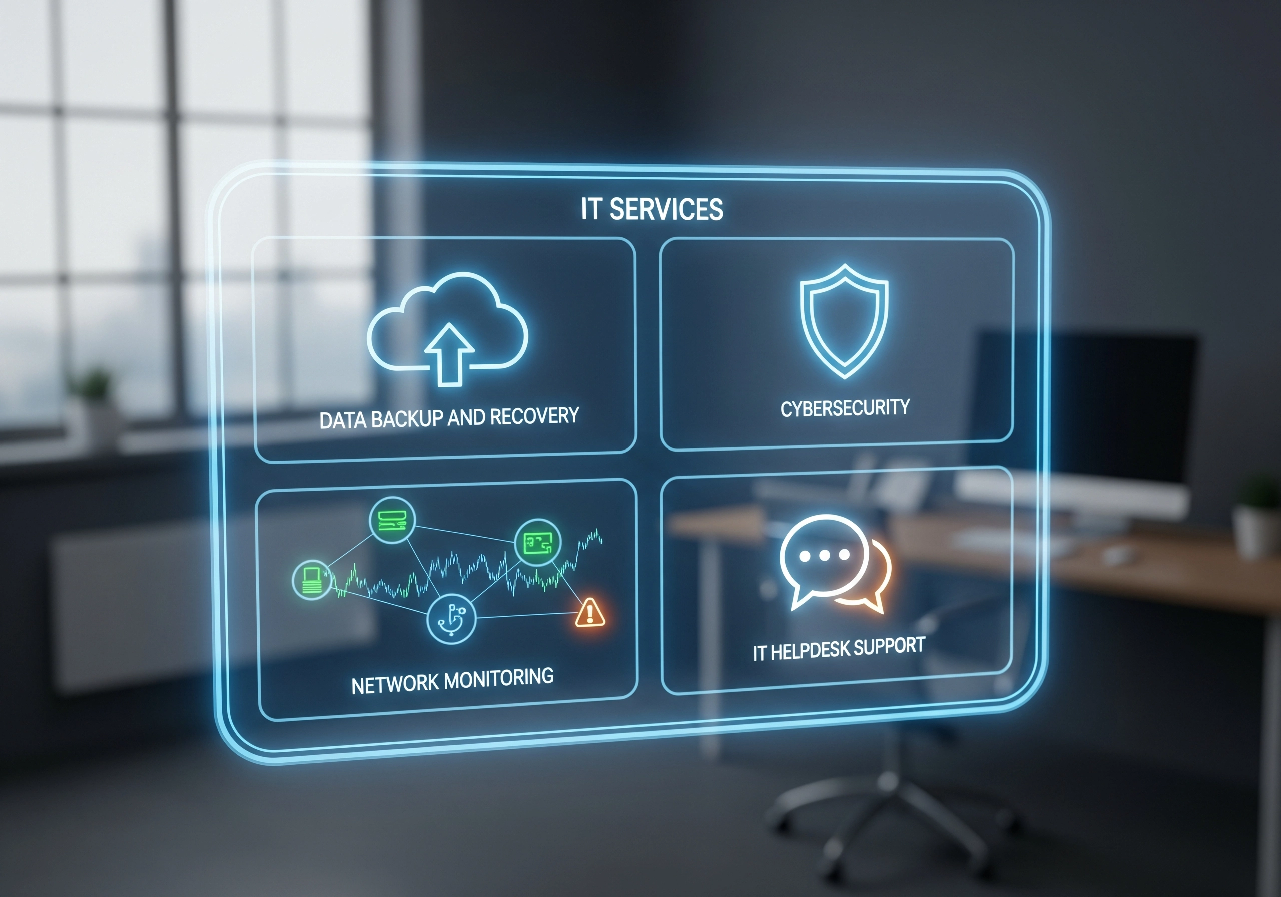IT services graphic: data backup, cybersecurity, network monitoring, IT helpdesk.
