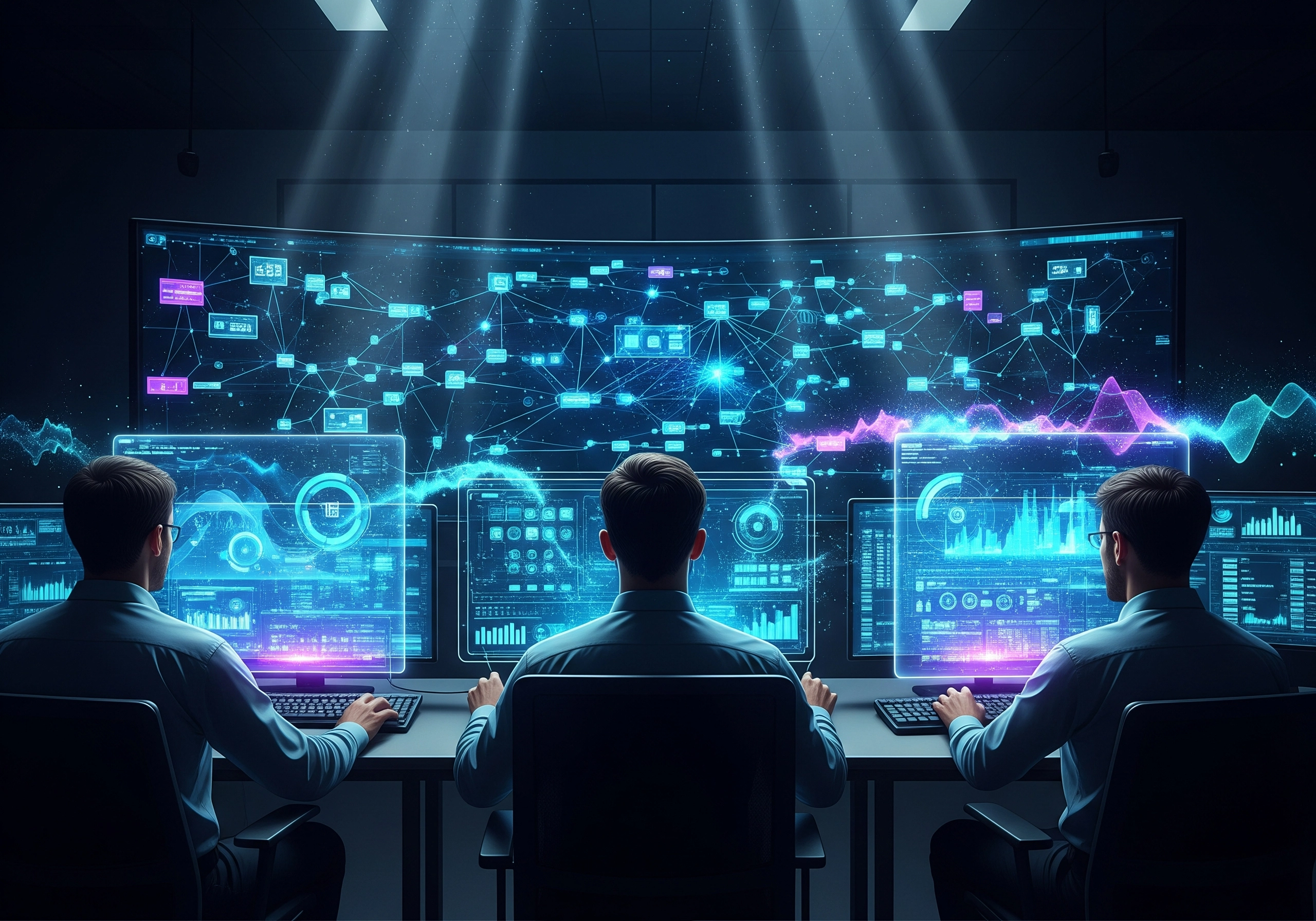 IT support team monitoring network infrastructure on large digital displays.