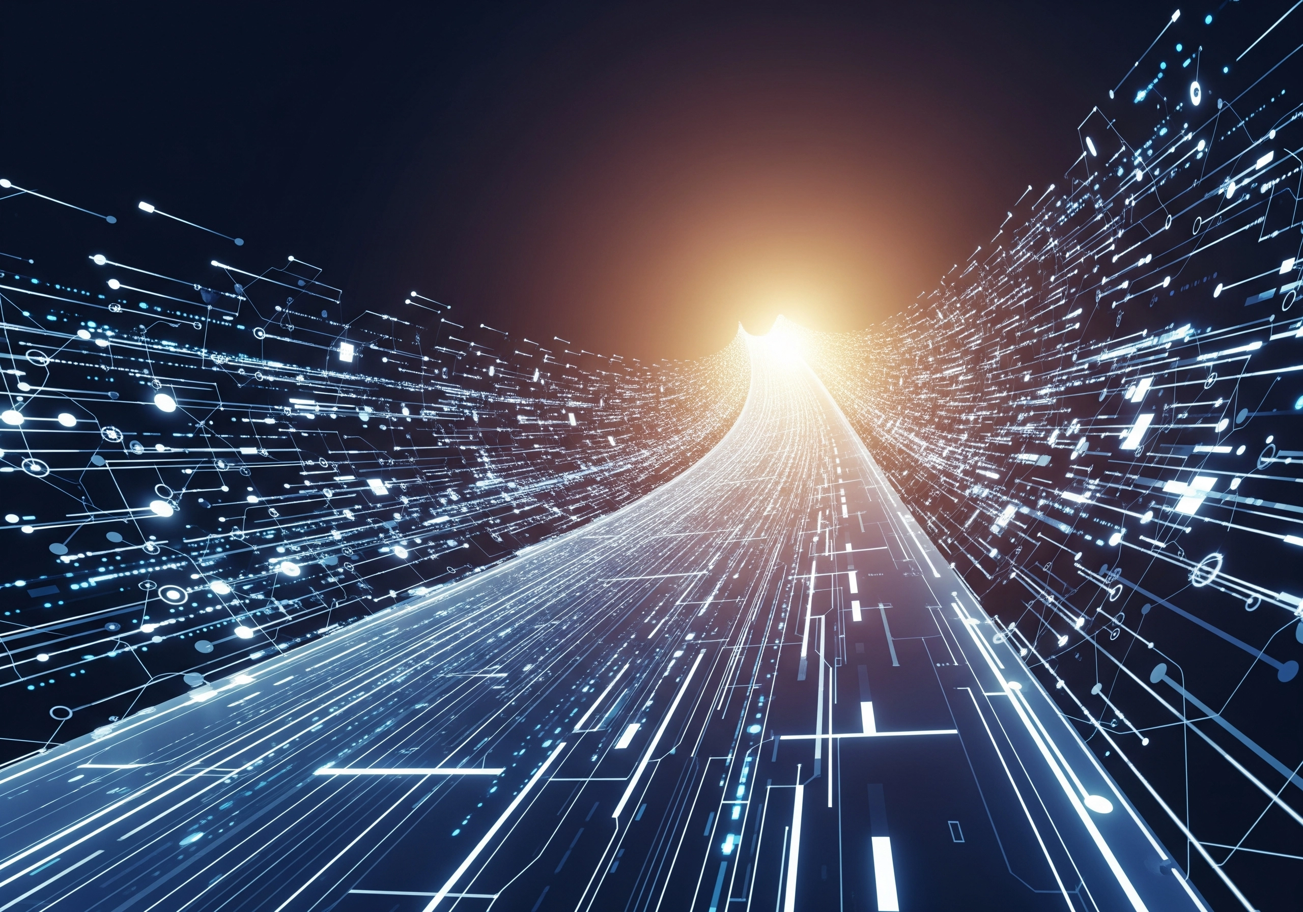 Abstract digital network with glowing lines and nodes, connecting to a central light source. Represents IT infrastructure.